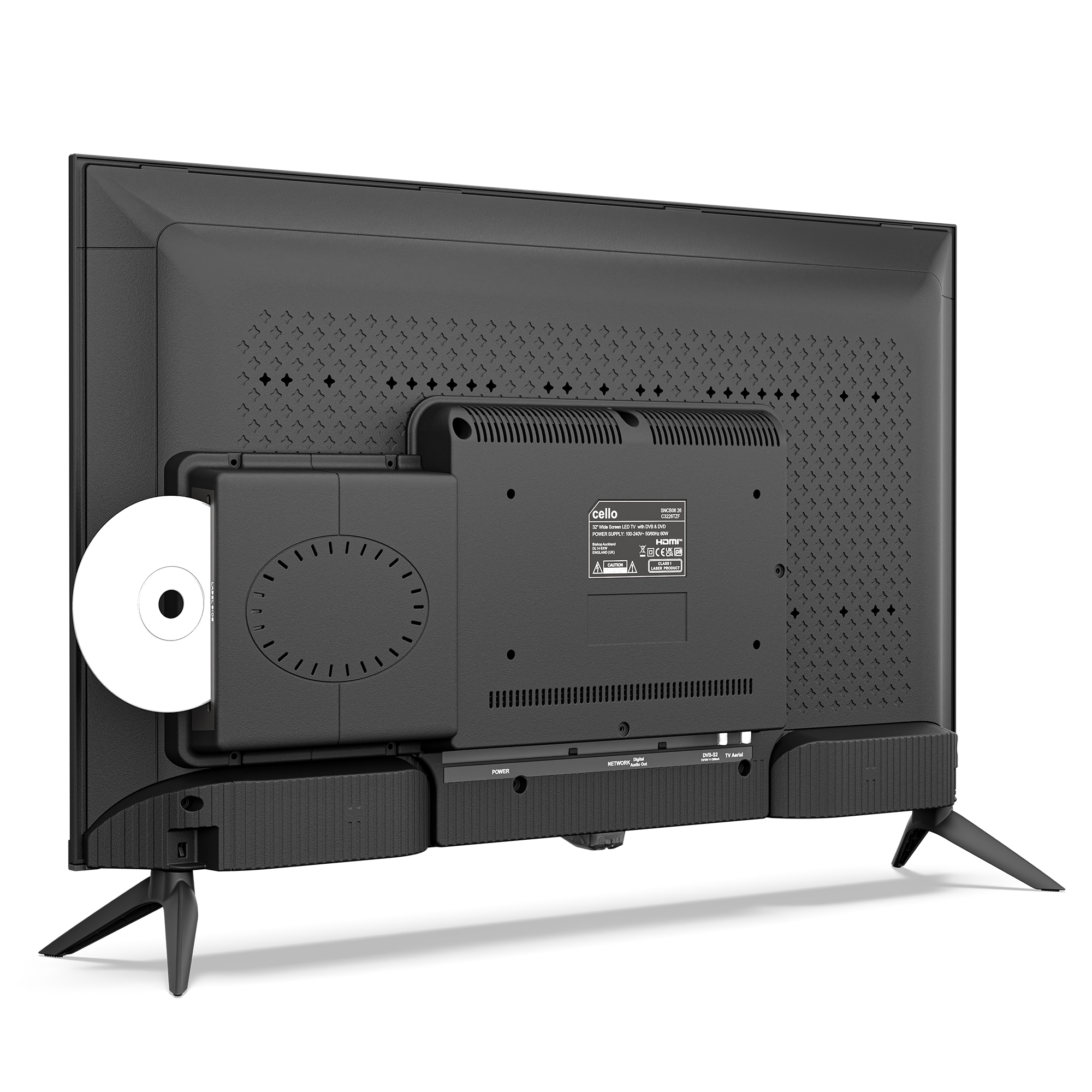 Parte trasera de un televisor negro con ranura para DVD y CD. Puertos abajo.