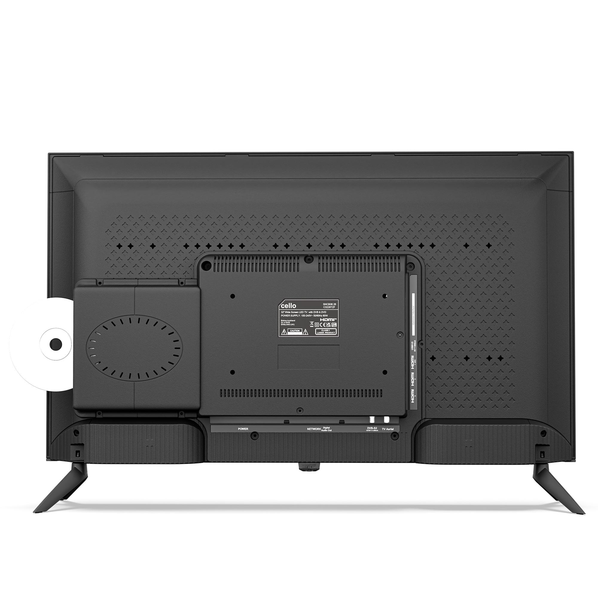 Parte trasera de un televisor negro con ranura para CD y puertos.