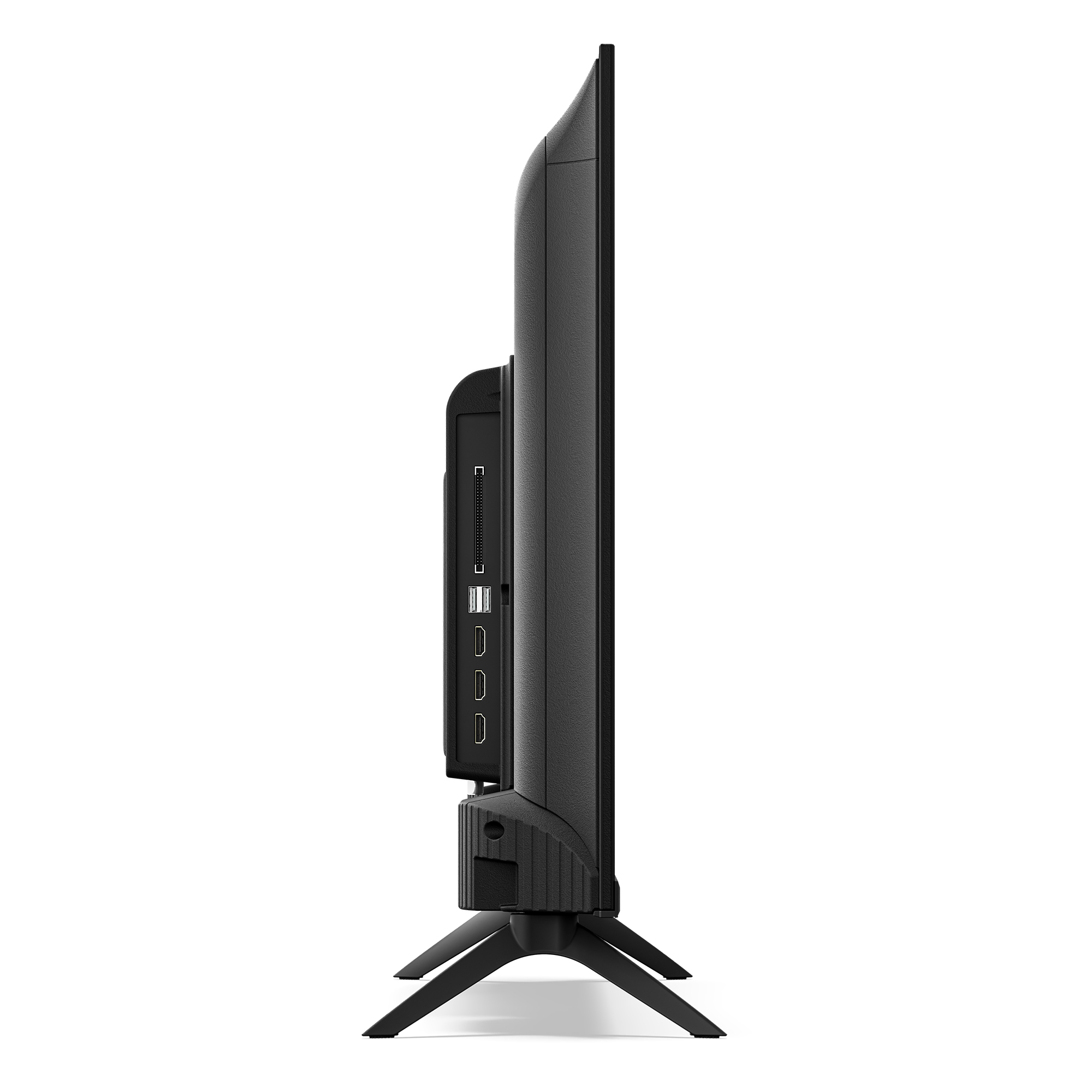 Vista lateral de un televisor negro con soporte y puertos.