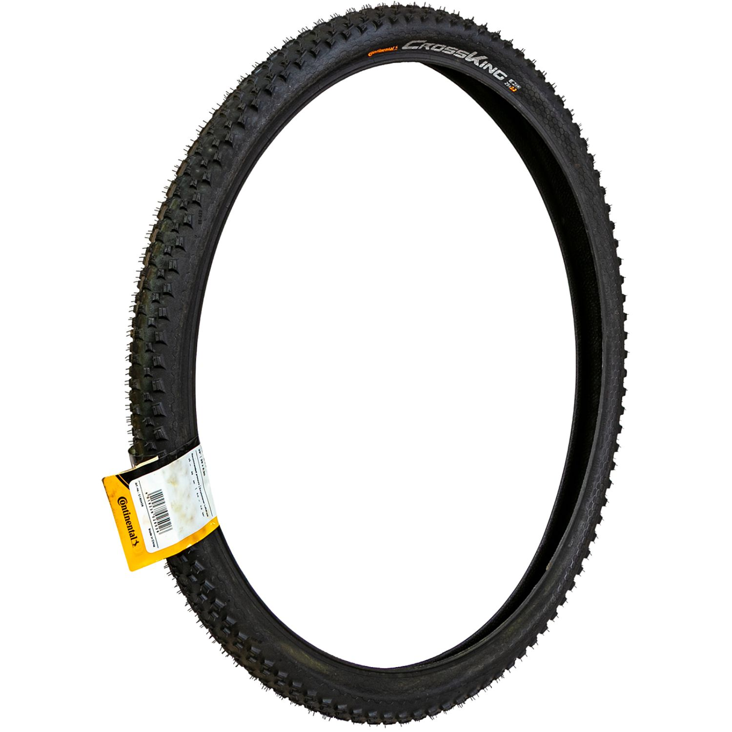 Schwarzer Fahrradreifen mit Stollenprofil und gelbem Continental-Etikett.