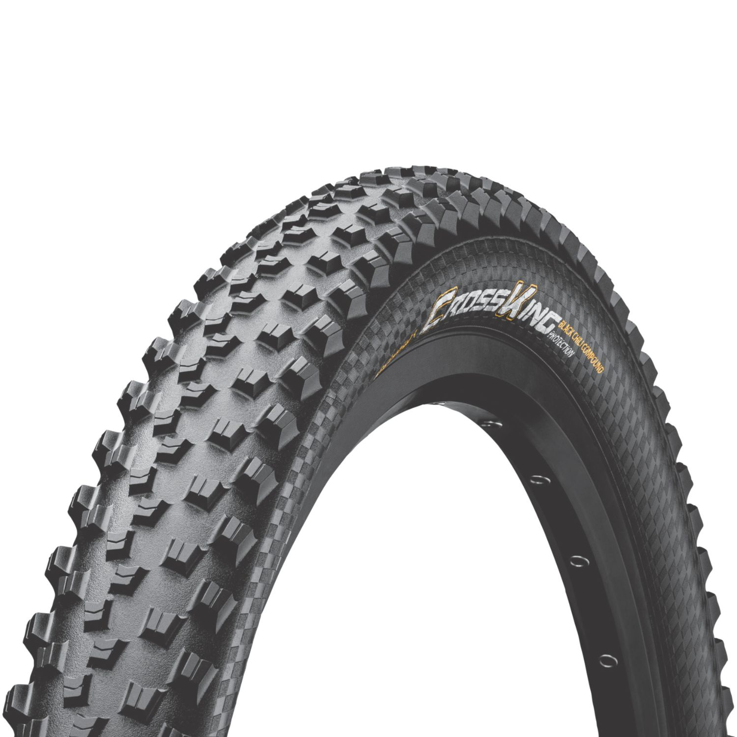 Ein schwarzer Mountainbike-Reifen mit groben Stollen und dem Schriftzug "Cross King".