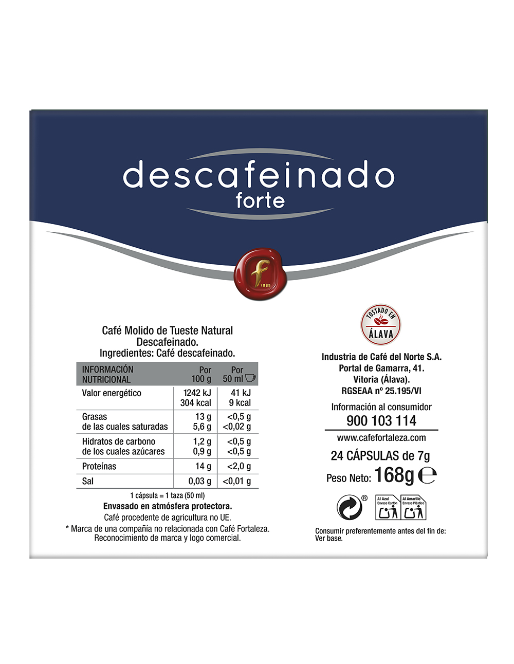 Envase de café tostado descafeinado con información nutricional y detalles de origen.