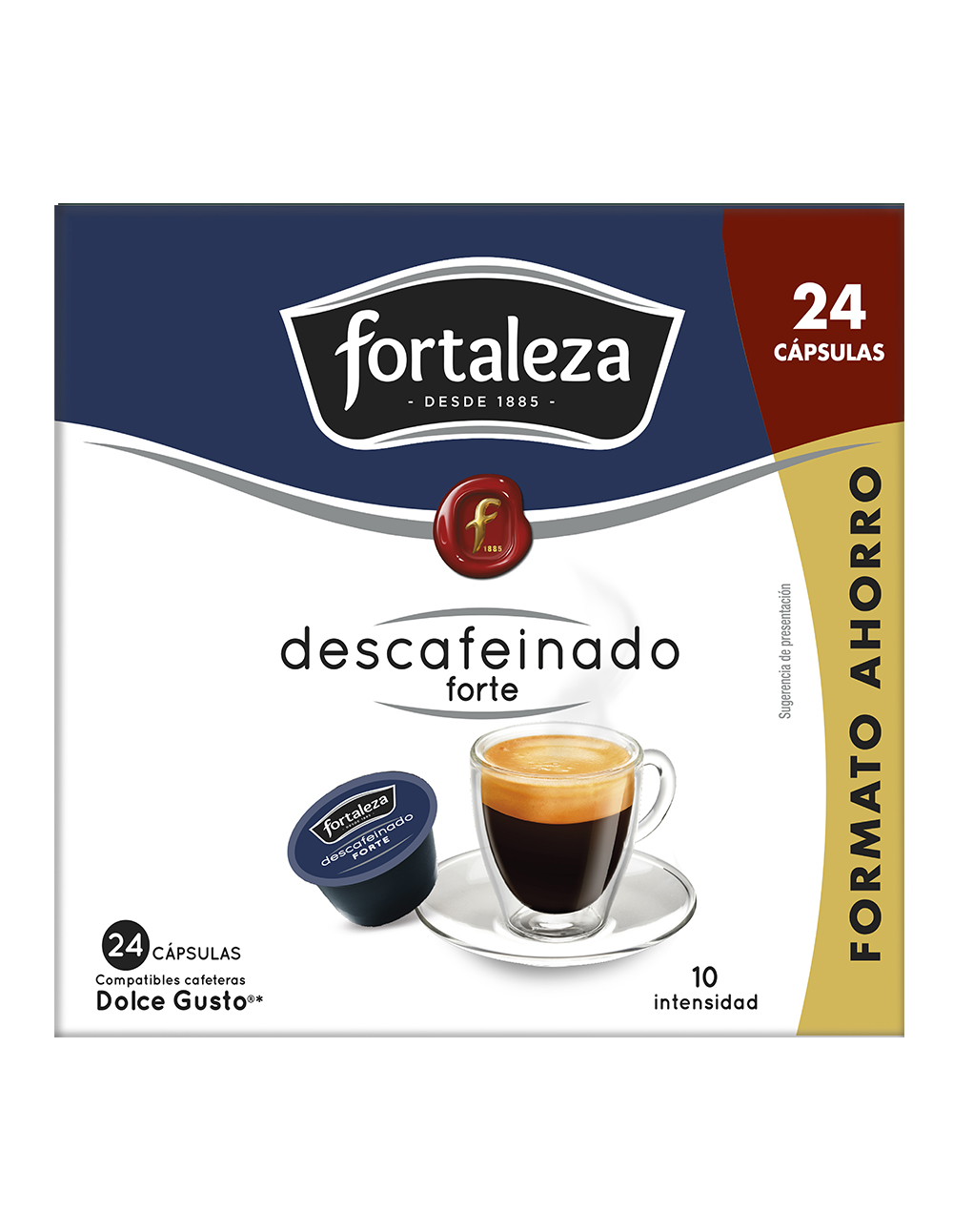 Caja de 24 cápsulas de café descafeinado fuerte Fortaleza, compatibles Dolce Gusto.