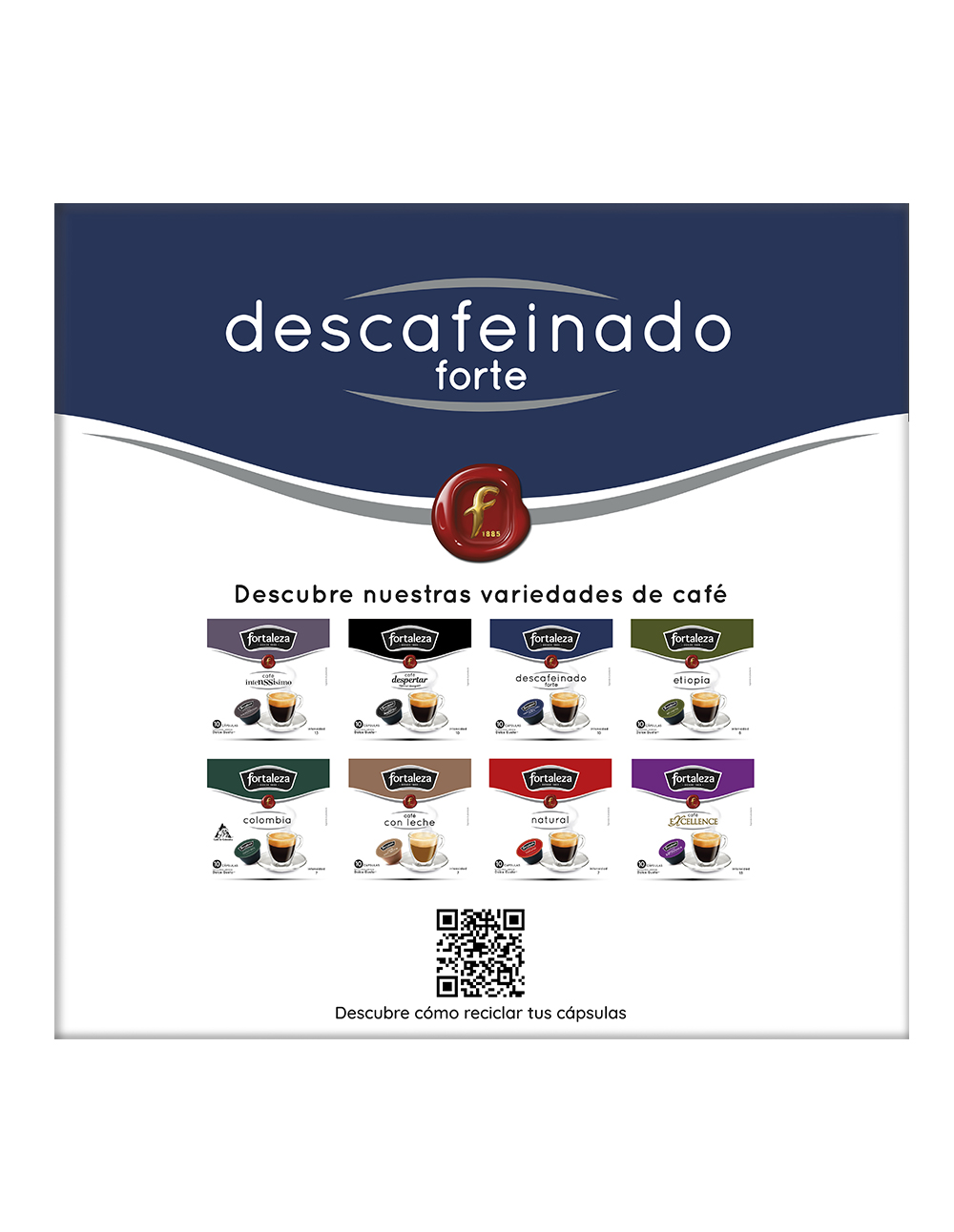 Cápsulas de café Fortaleza en varios sabores, con tazas y empaques.