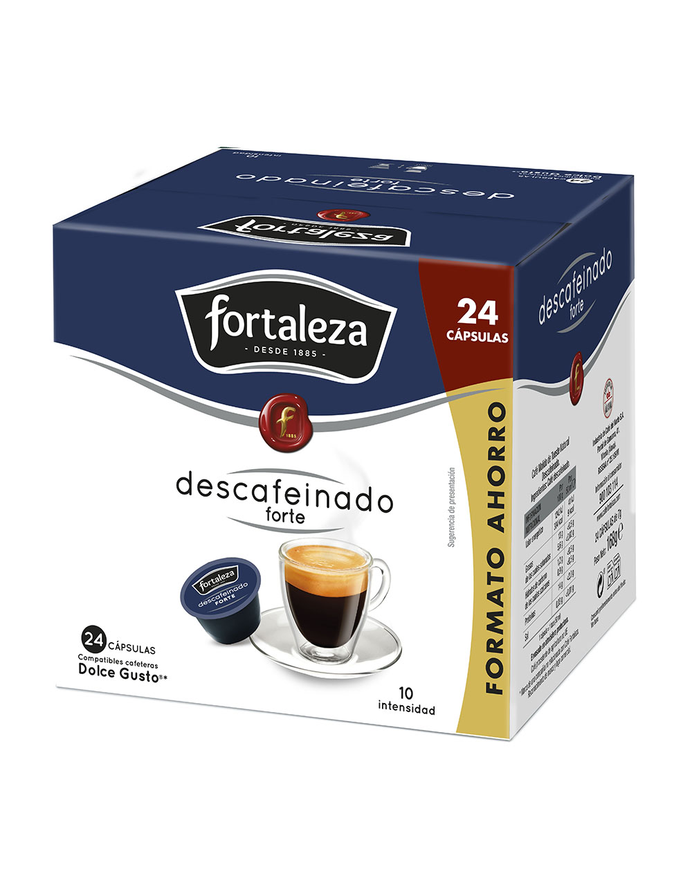 Caja de cápsulas de café Fortaleza descafeinado forte con una taza de café.