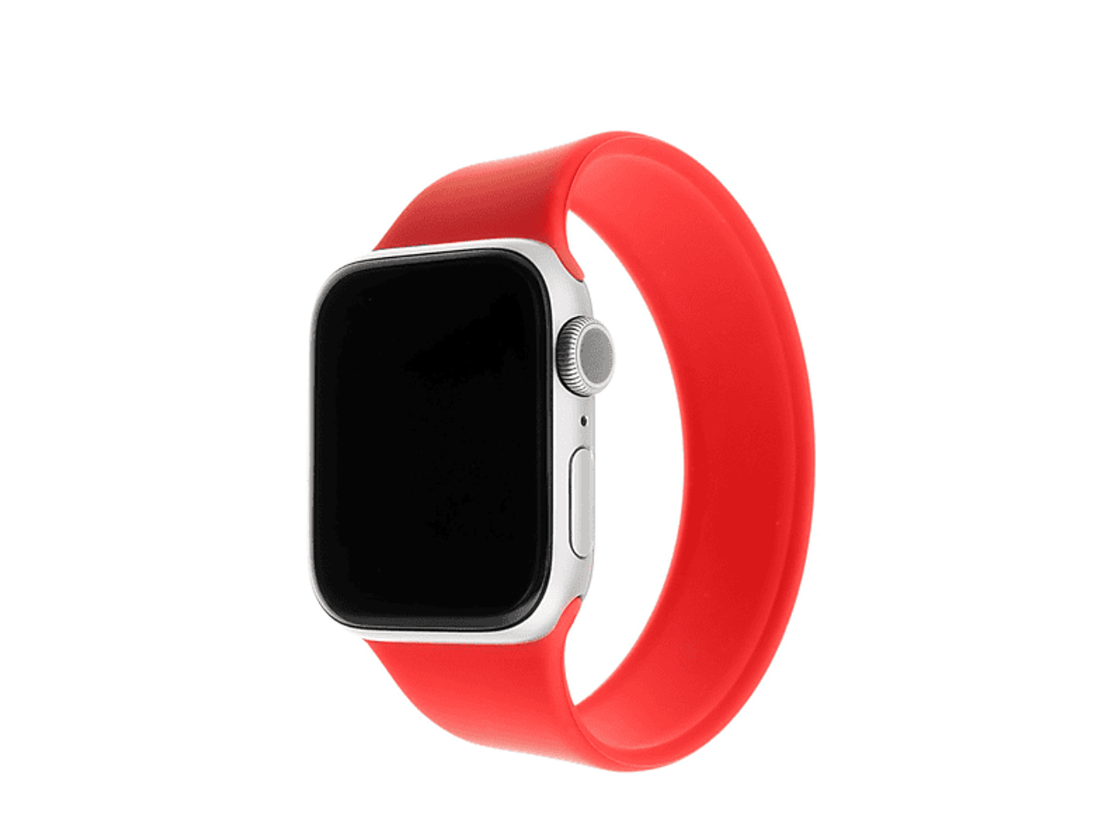 Reloj inteligente plateado con pantalla negra en blanco y correa roja.