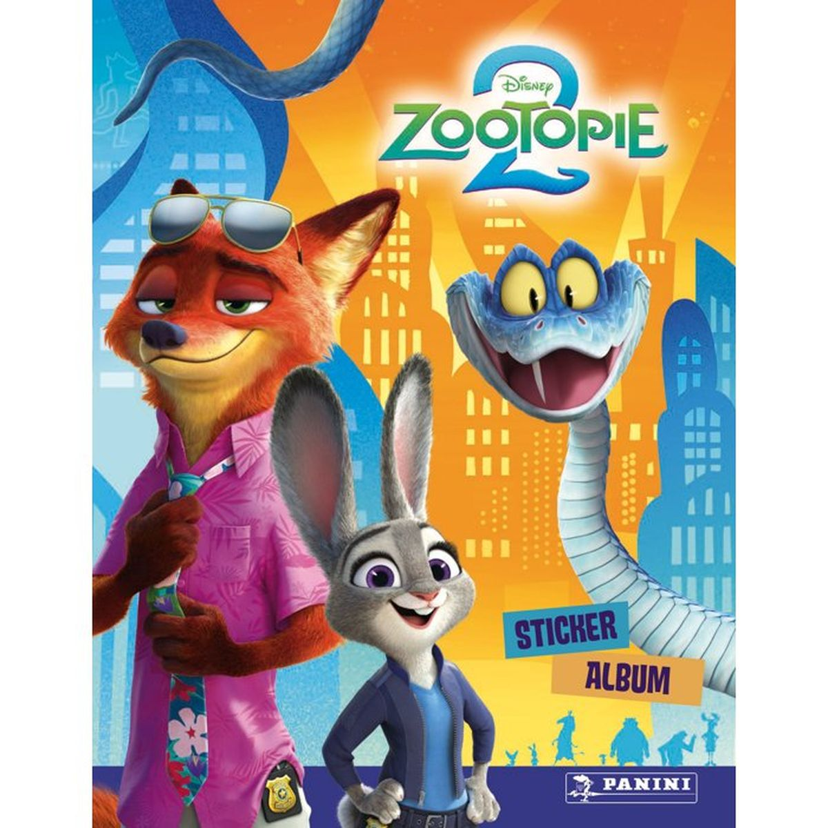 Zootopia 2 Sticker-Album mit Fuchs, Häsin und Schlange vor Stadtkulisse.