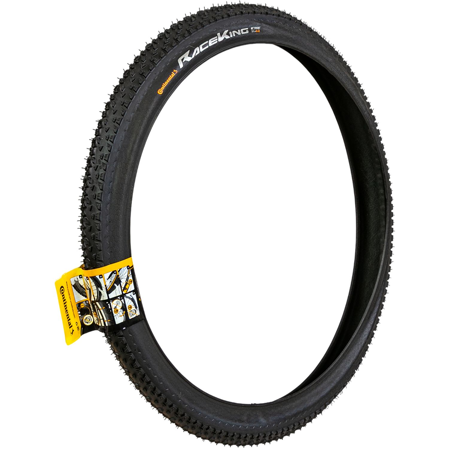 Schwarzer Fahrradreifen mit Profil und gelbem Etikett. Continental Race King 26x2.2.