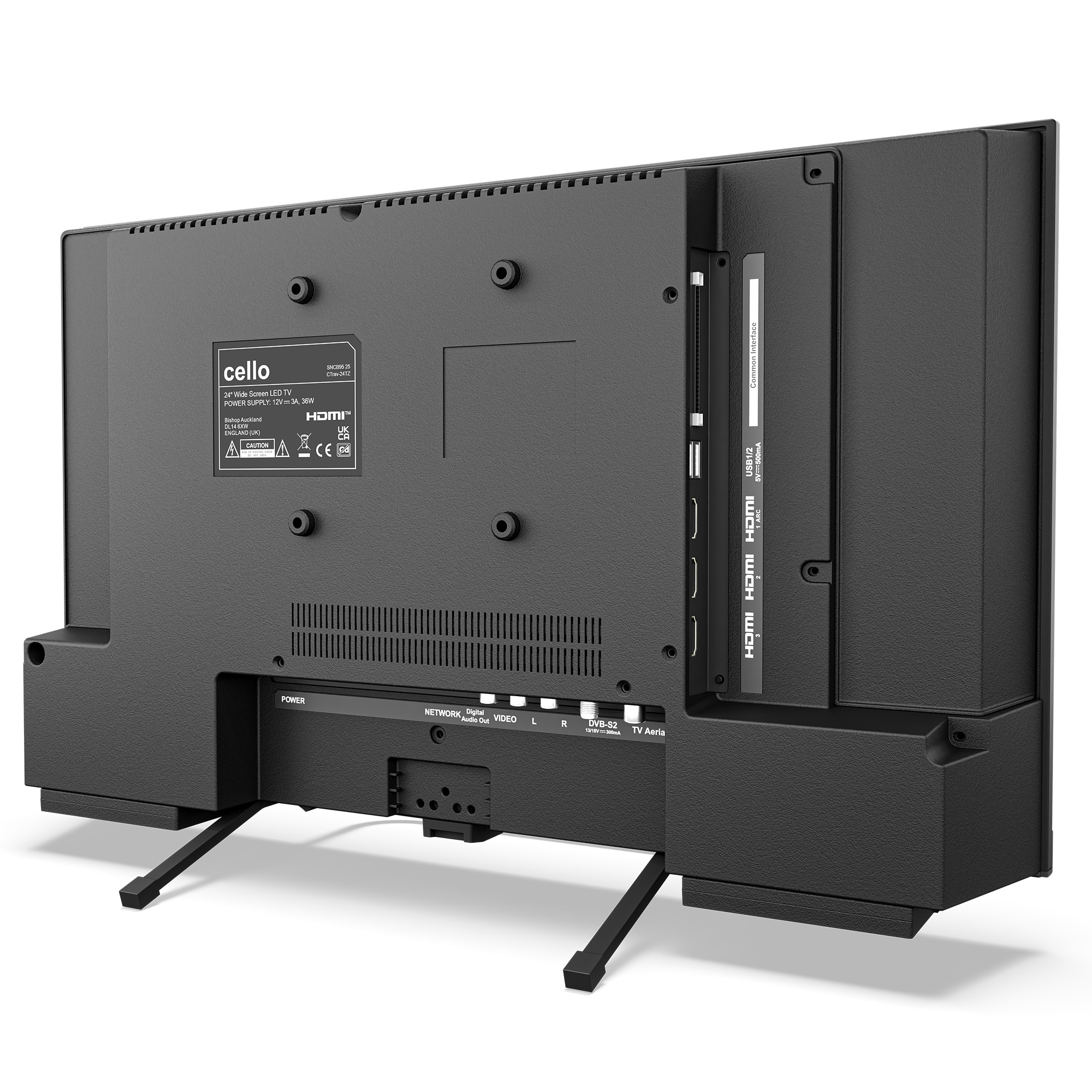 Rückseite eines schwarzen Fernsehers mit Anschlüssen wie HDMI, USB und Netzwerkkabel.