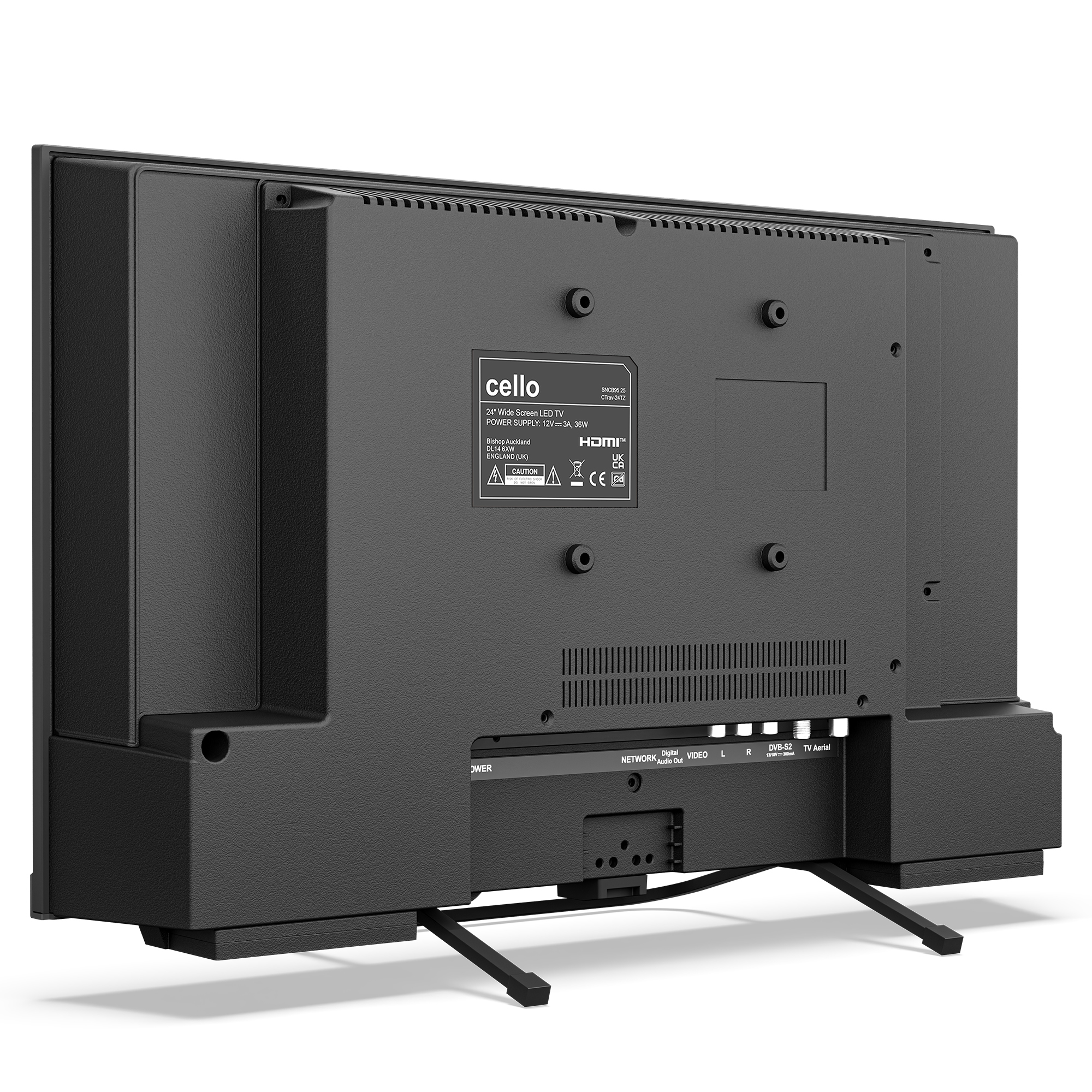 Rückseite eines schwarzen LED-Fernsehers mit Anschlüssen und Etikett.