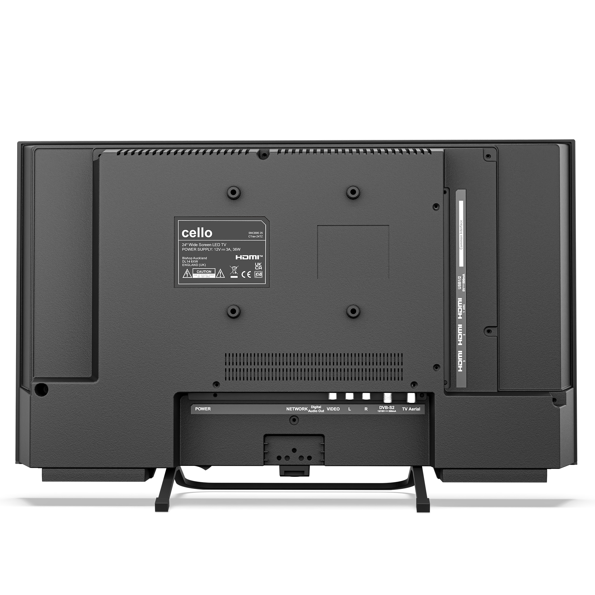 Rückseite eines schwarzen Fernsehers mit Anschlüssen: Power, Netzwerk, Video, HDMI, USB.