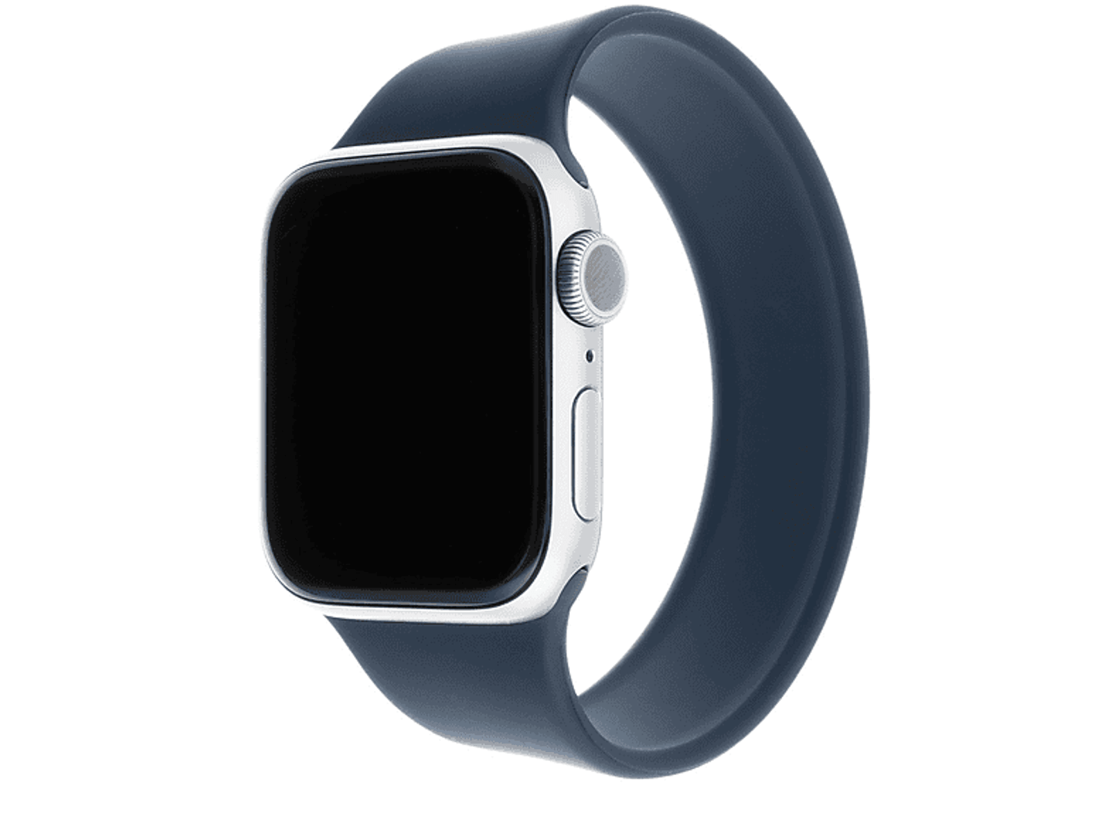 Eine silberne Smartwatch mit dunkelblauem Band. Der Bildschirm ist schwarz.
