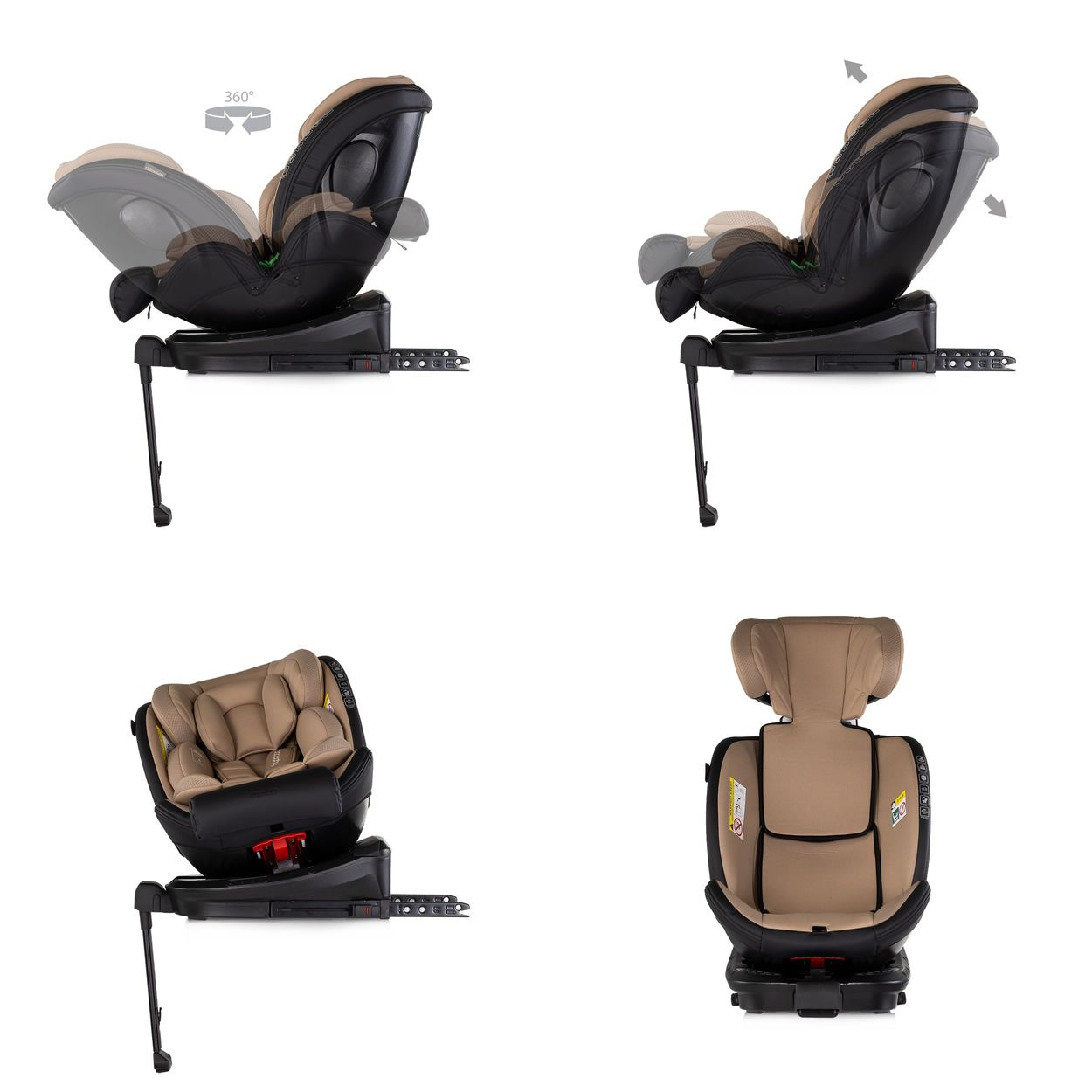 Ein rotierender Kindersitz, beige und schwarz, mit Stützfuß und Verstellpfeilen.