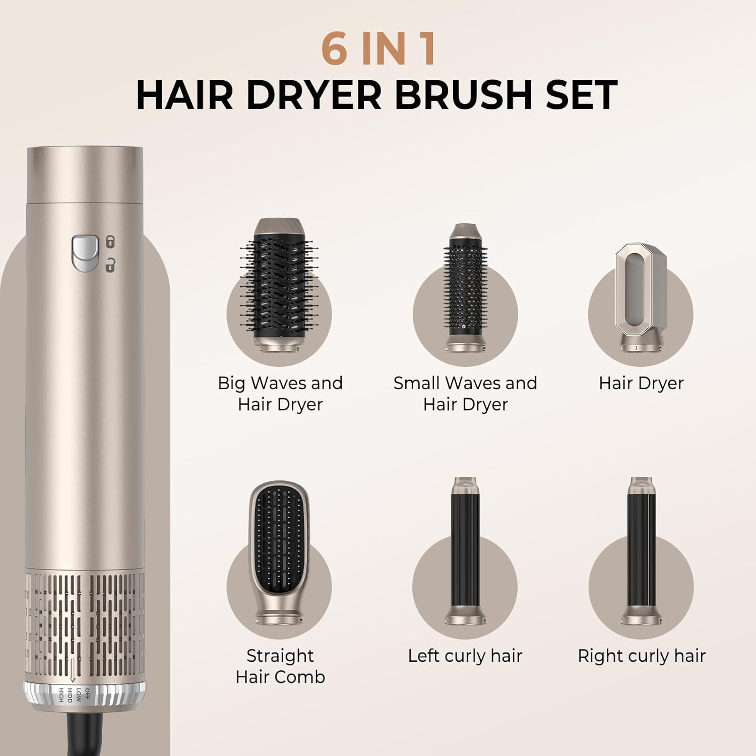 Ein goldener Haartrockner-Bürsten-Set mit 6 Aufsätzen: große Wellen, kleine Wellen, Haartrockner, Kamm, linke und rechte Locken.