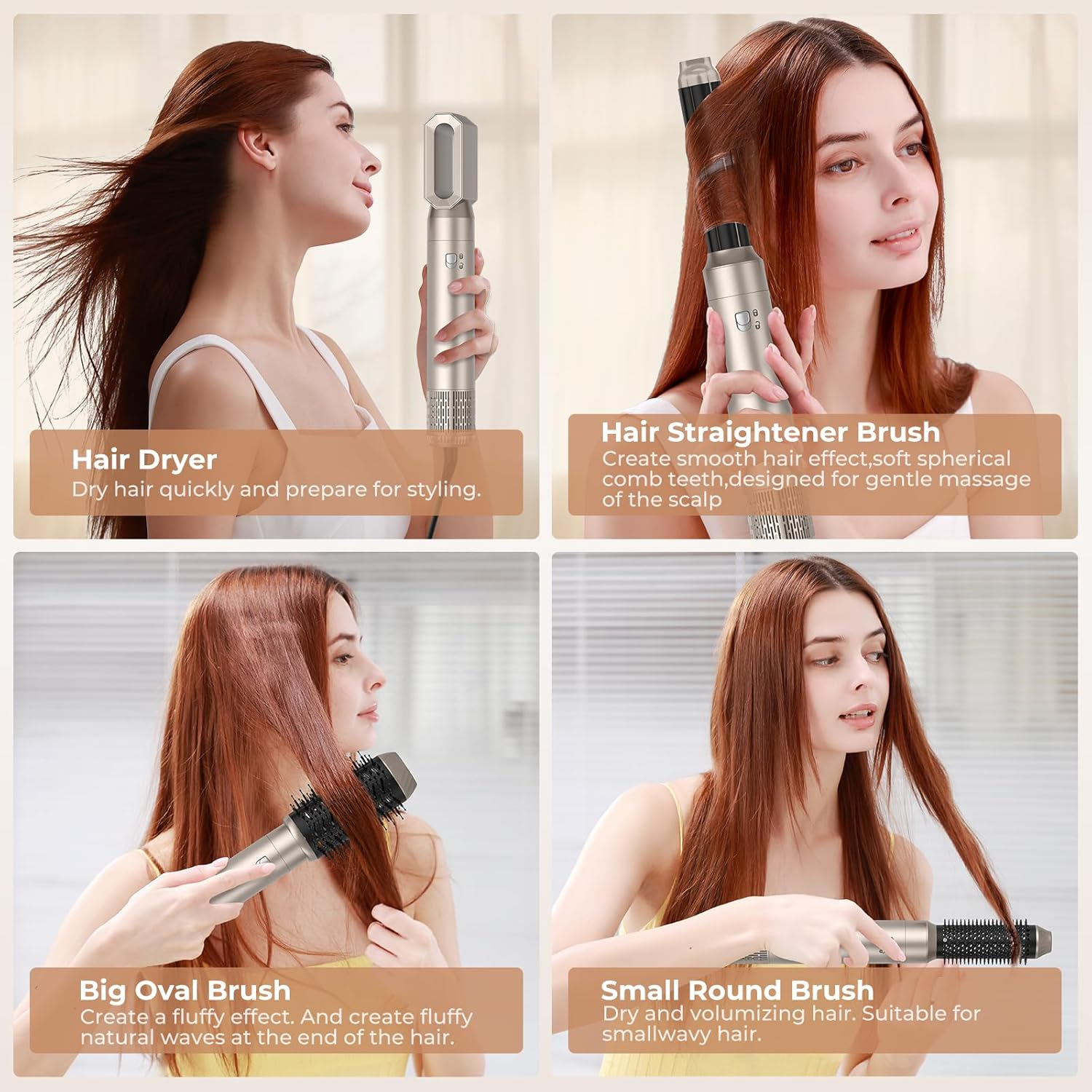 Vier Frauen, die verschiedene Haarstyling-Geräte benutzen: Haartrockner, Glättbürste, große ovale Bürste, kleine runde Bürste.