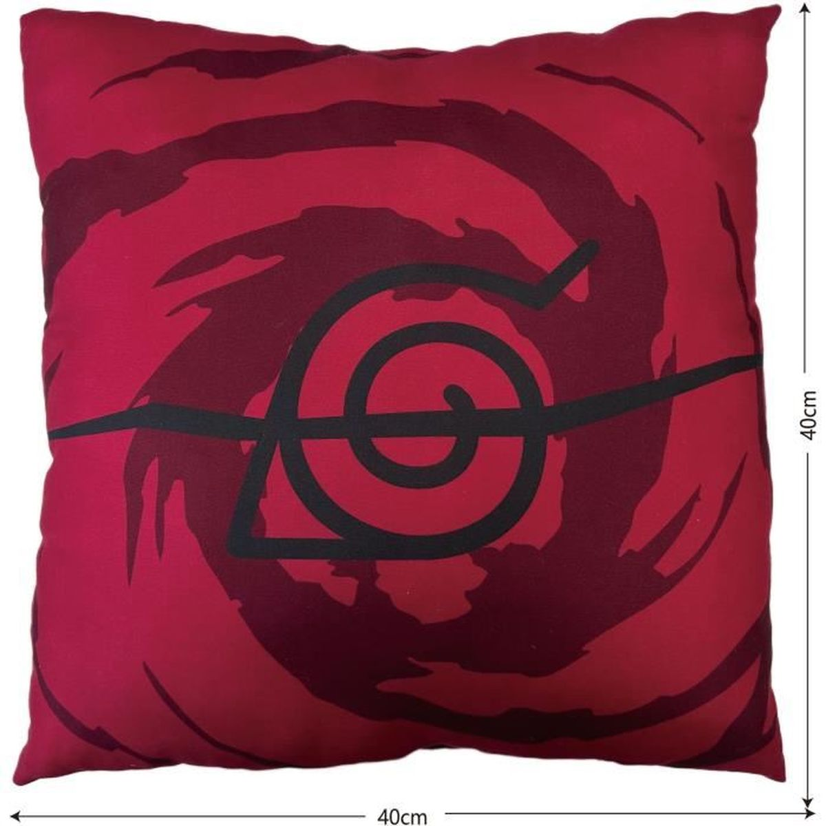 Ein rotes Kissen mit einem schwarzen Wirbel-Symbol und roten Wirbeln.
