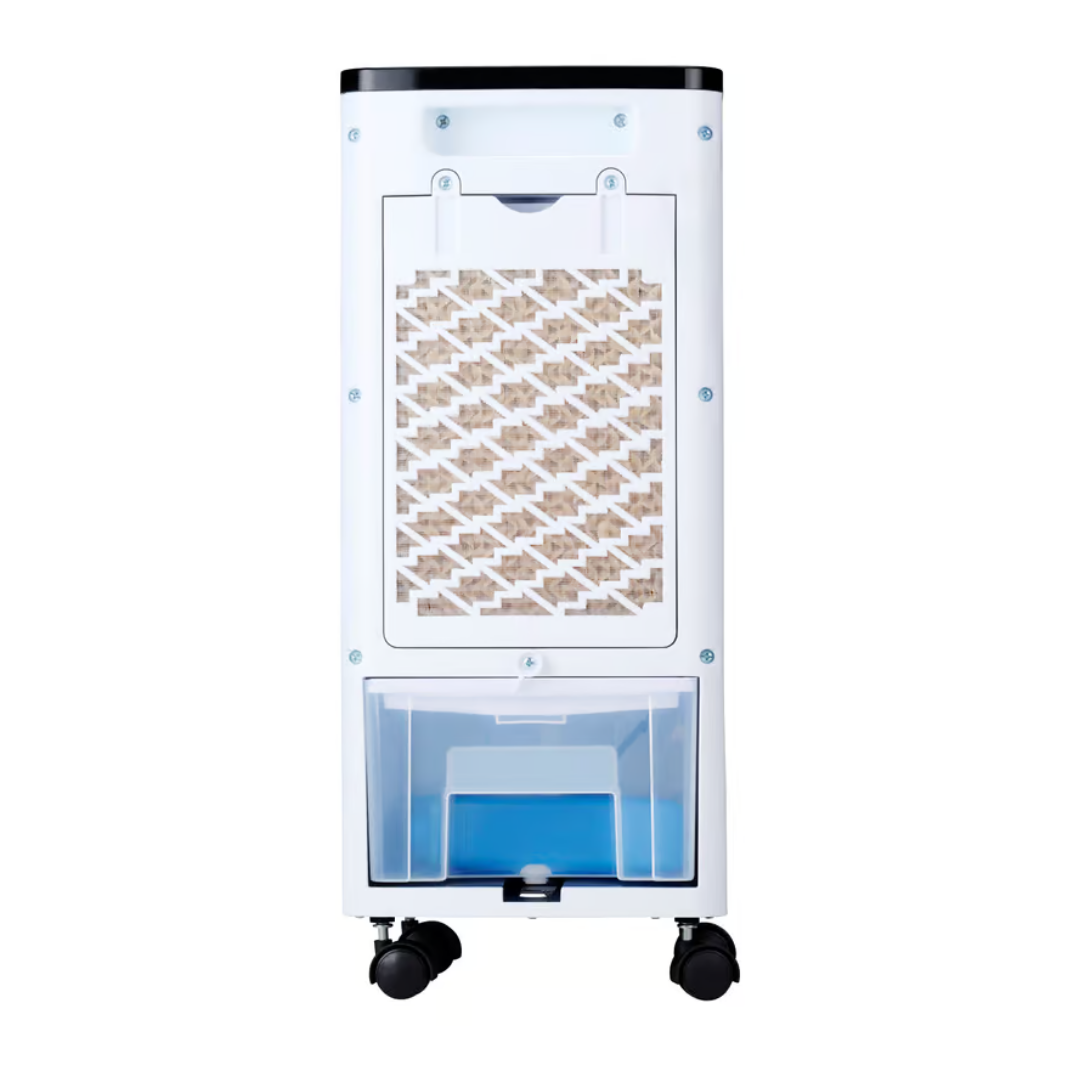 Ein weißer Luftkühler mit Wassertank und Rädern.