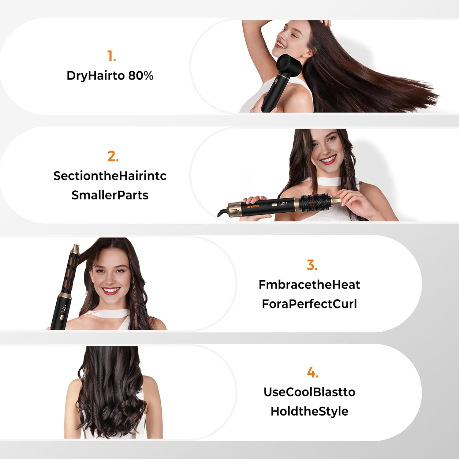 Frau trocknet Haare, teilt Haare, lockt Haare und gestyltes Haar.