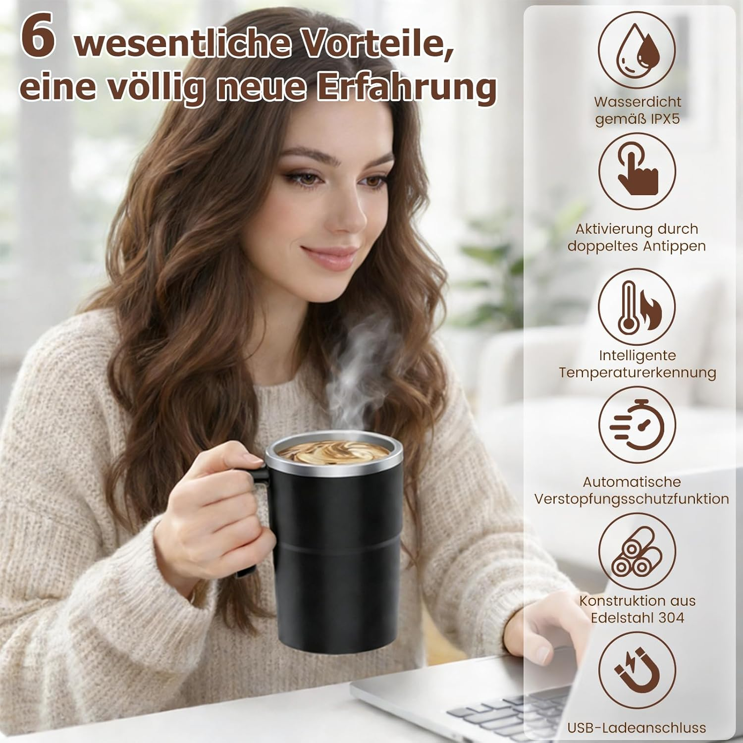 Frau hält heißen Kaffeebecher, Produktmerkmale auf der rechten Seite aufgelistet.