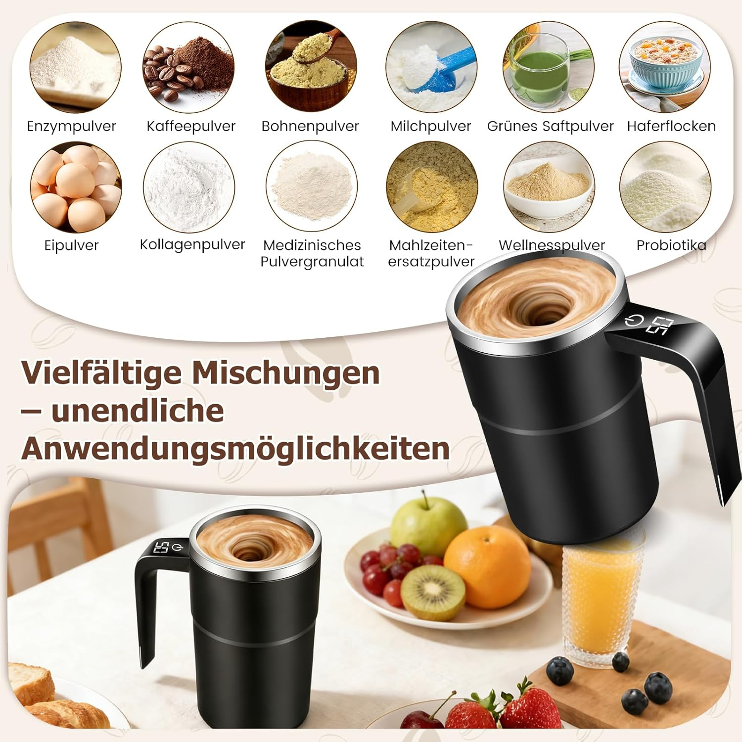 Ein Mixer-Becher mit verschiedenen Pulvern, Früchten und Müsli.