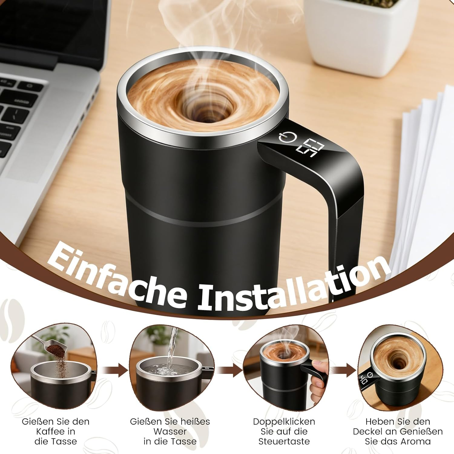 Schwarze Tasse mixt Kaffee mit heißem Wasser. Schritte: Kaffee, Wasser, doppelklicken, genießen.