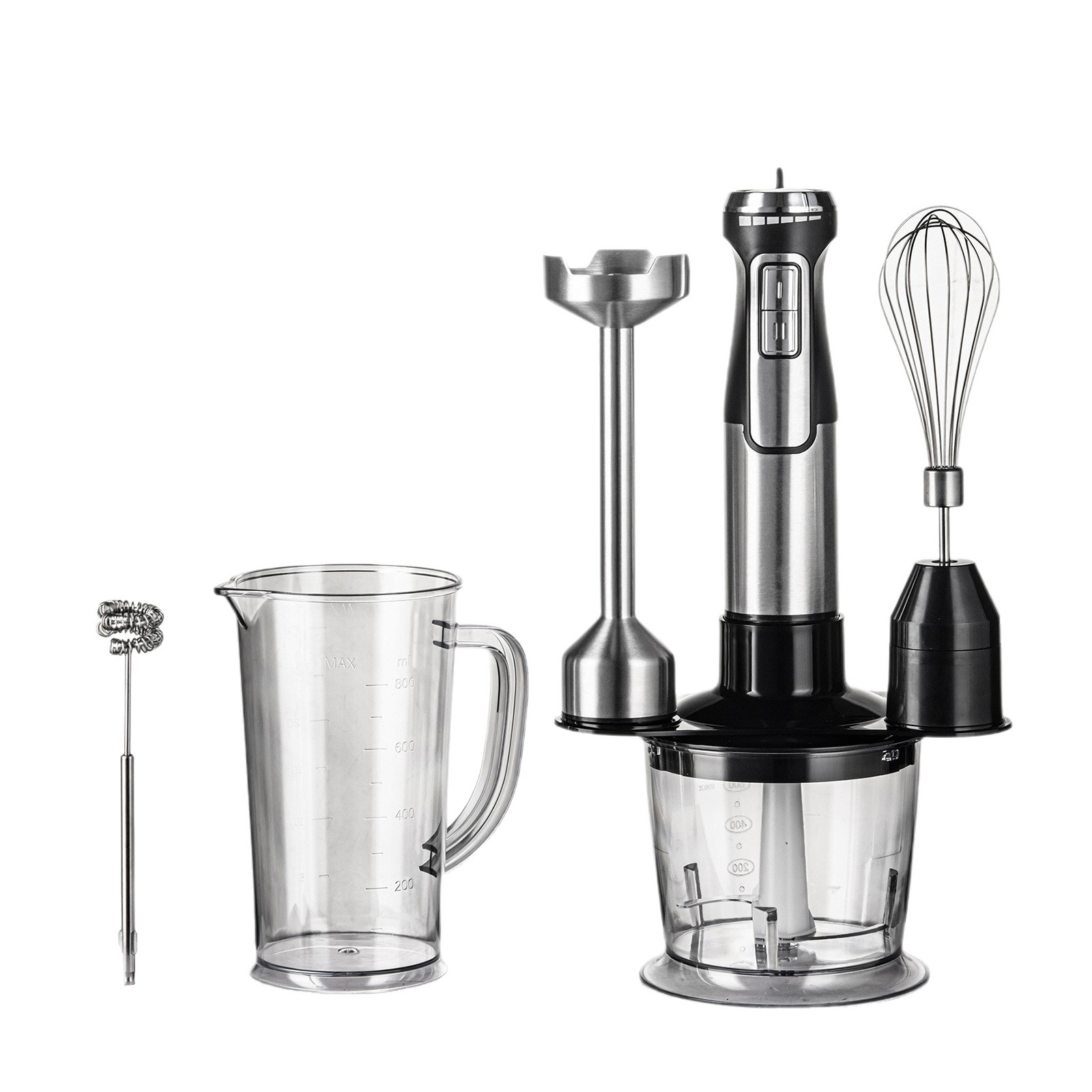 Ein Stabmixer-Set mit Messbecher, Quirl und Zerkleinerer-Aufsatz.