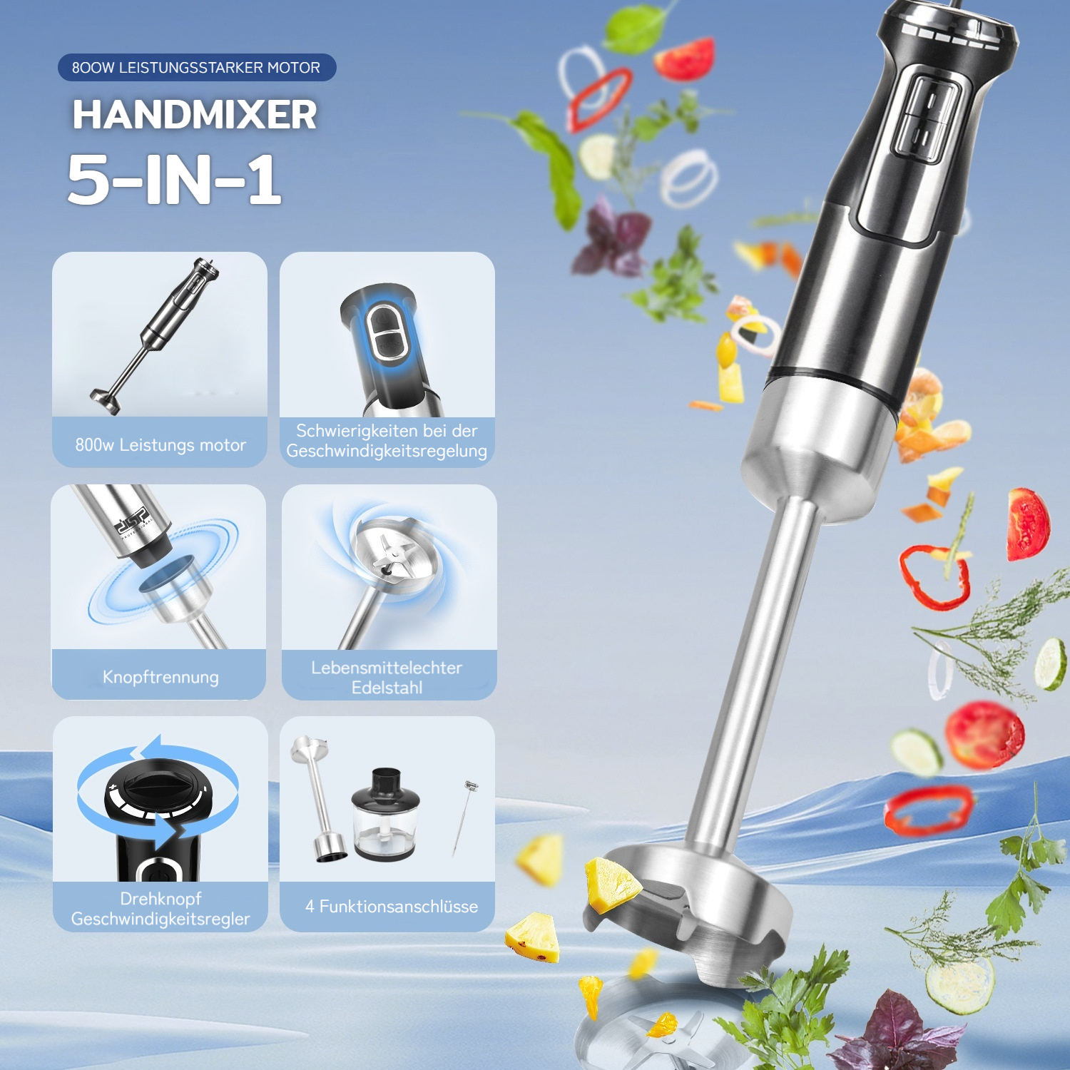 Ein silberner Handmixer mit 5 Funktionen vor einem blauen Hintergrund, umgeben von fliegendem Gemüse und Früchten.