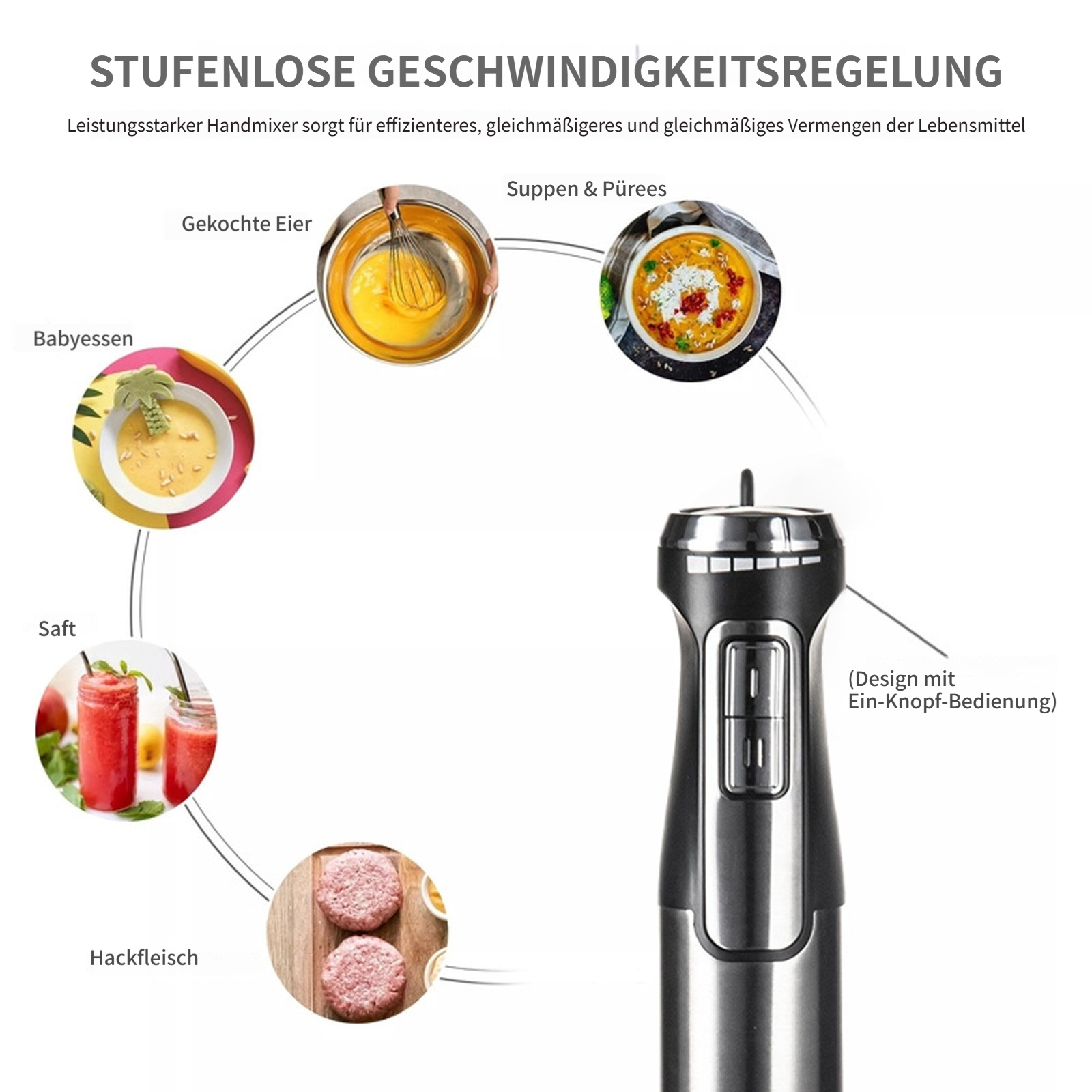 Handmixer mit Bildern von Eiern, Babybrei, Saft, Hackfleisch und Suppe.