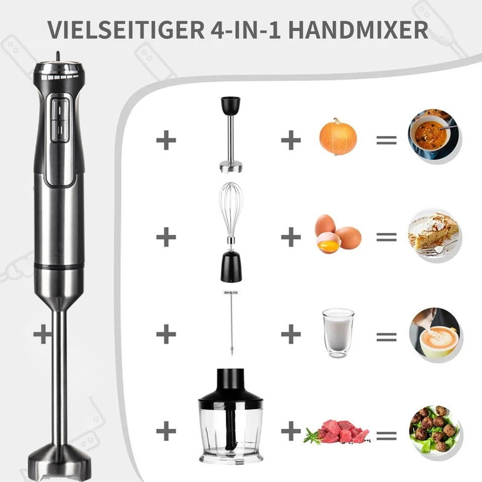 Vielseitiger 4-in-1-Handmixer mit Zubehör und Kochbeispielen.