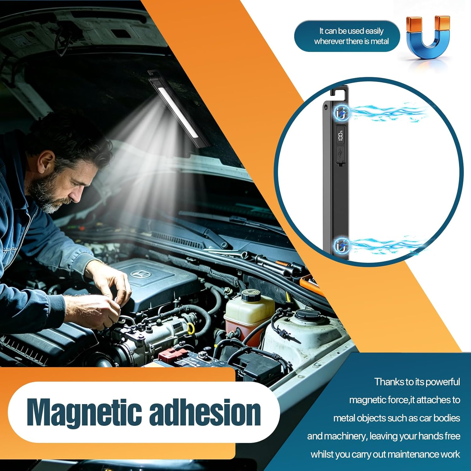 Ein Mechaniker repariert ein Auto mit einer magnetischen Lampe, die am Motor befestigt ist.
