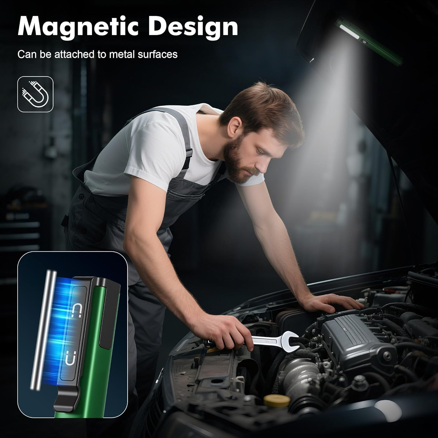 Mechaniker repariert Auto mit Lampe und Werkzeug. Magnetische Lampe leuchtet.