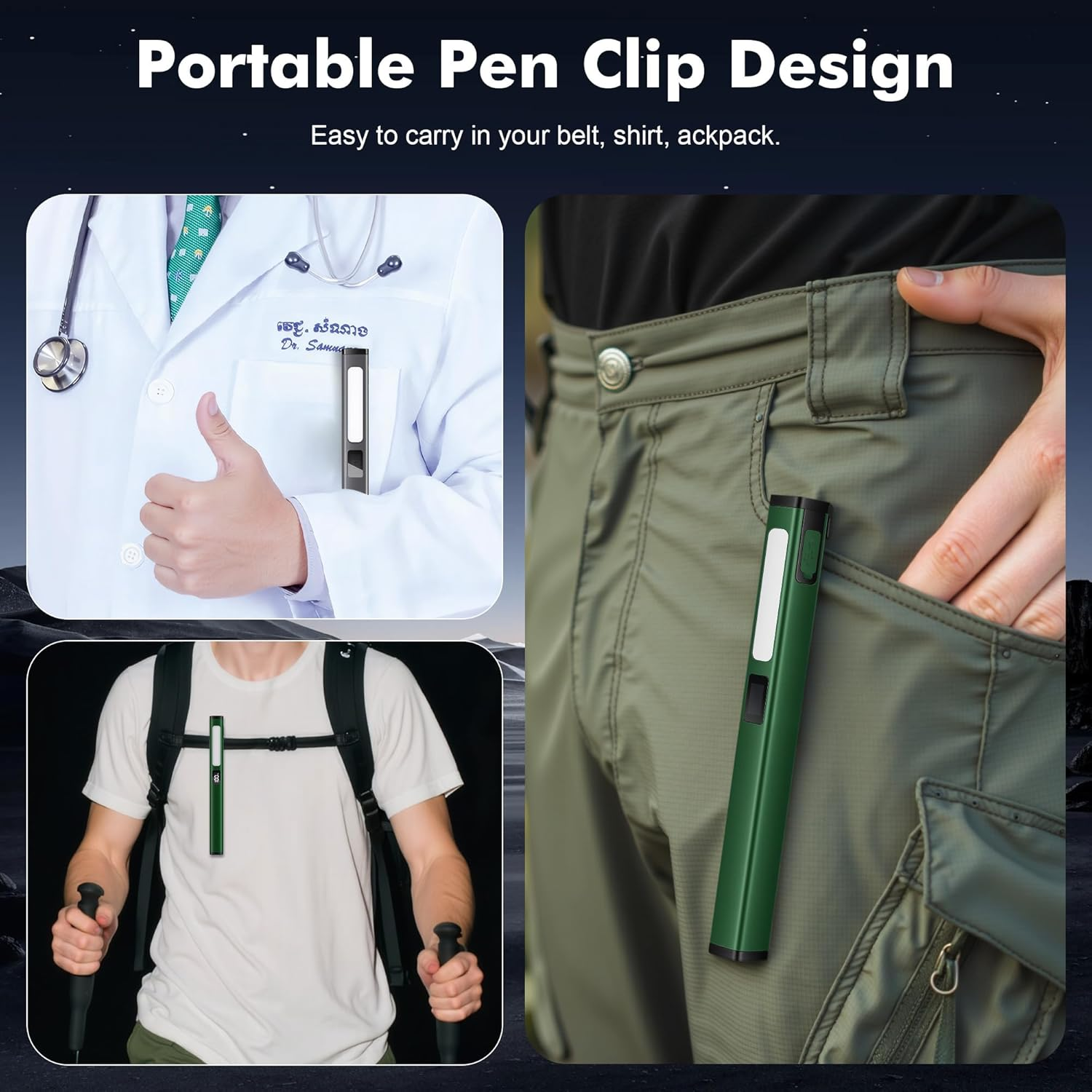 Ein Arzt mit Stethoskop, ein Wanderer und eine Nahaufnahme einer Hose mit Clip-Design-Stift.