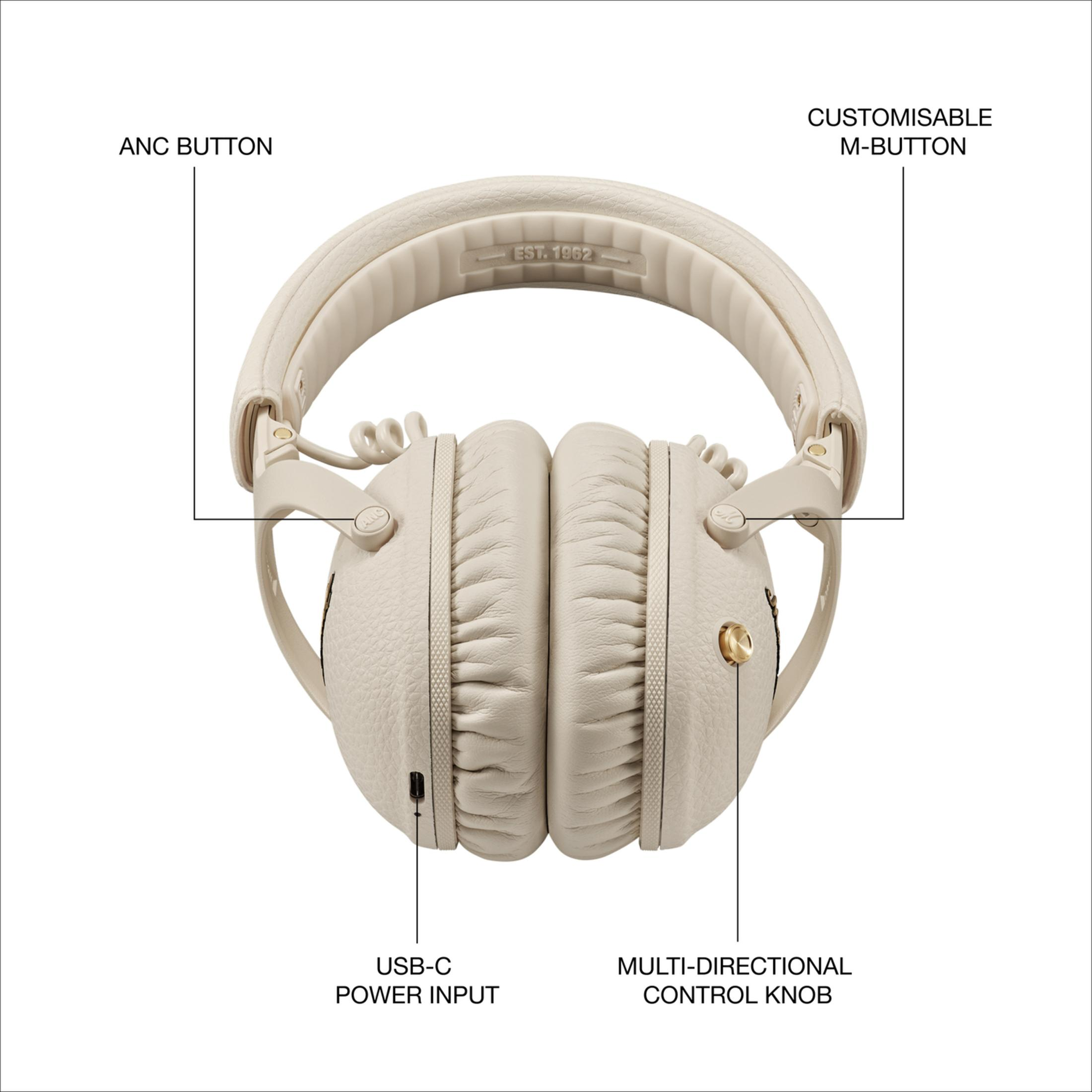 Cremefarbene Kopfhörer mit ANC-Taste, USB-C-Anschluss und Bedienknopf.