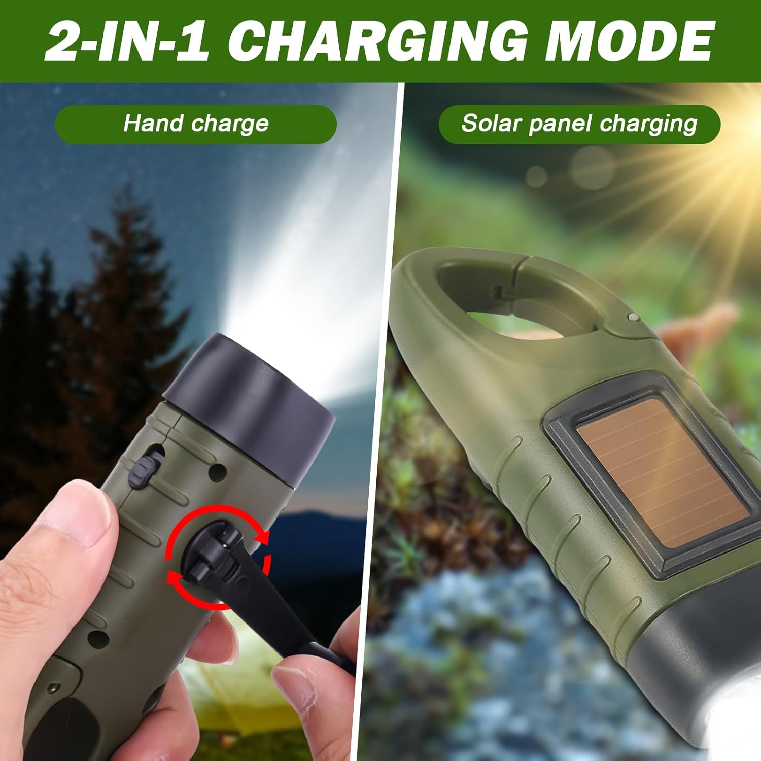 Zwei Lademodi: Handkurbel laden bei Nacht, Solarpanel laden bei Tag.