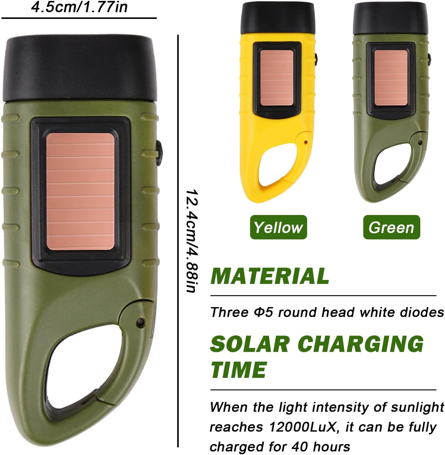Grüne und gelbe Taschenlampe mit Solarpanel und Karabinerhaken. Maße angezeigt.
