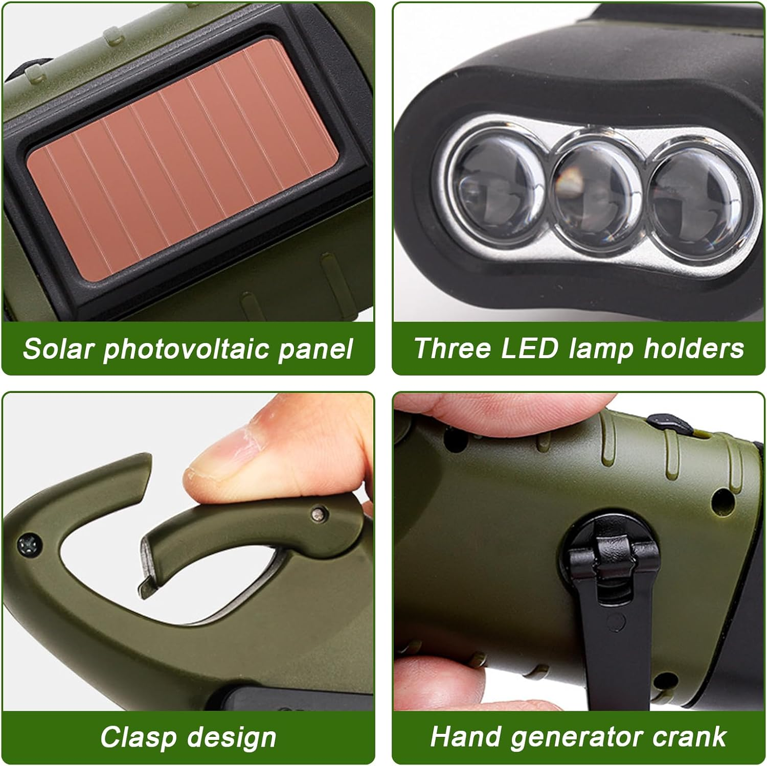 Nahaufnahme einer Taschenlampe mit Solarpanel, drei LEDs, Clip und Handkurbel.