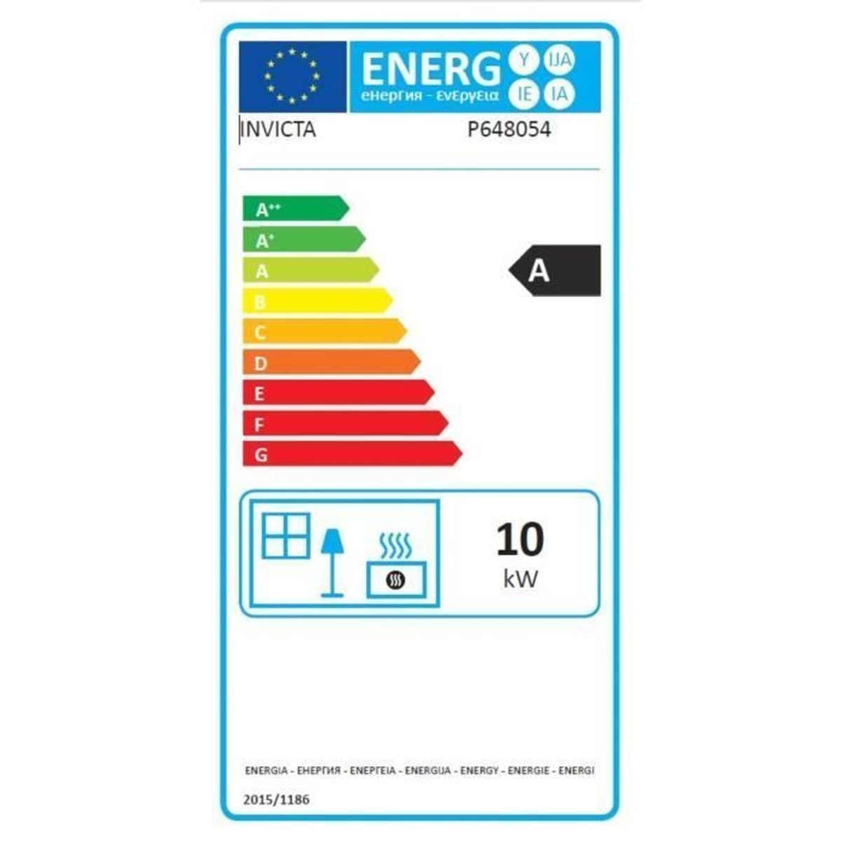 Energielabel für Invicta P648054: Klasse A, 10 kW Leistung.