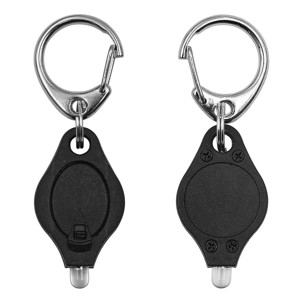 Zwei schwarze Schlüsselanhänger-Taschenlampen mit silbernen Clips und LEDs.