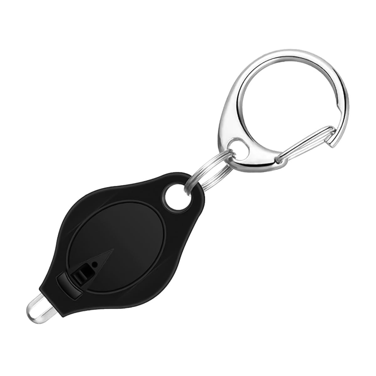 Schwarzes tropfenförmiges Schlüsselanhängerlicht mit silbernem Karabiner und Schlüsselring.