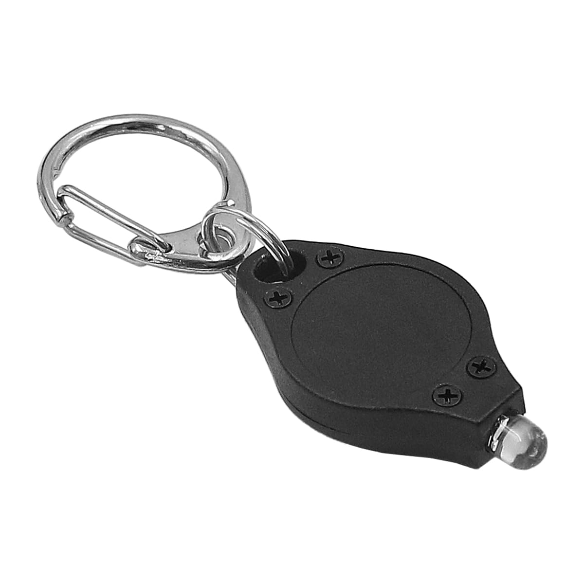 Schwarzer Schlüsselanhänger mit Mini-Taschenlampe und Metallring.