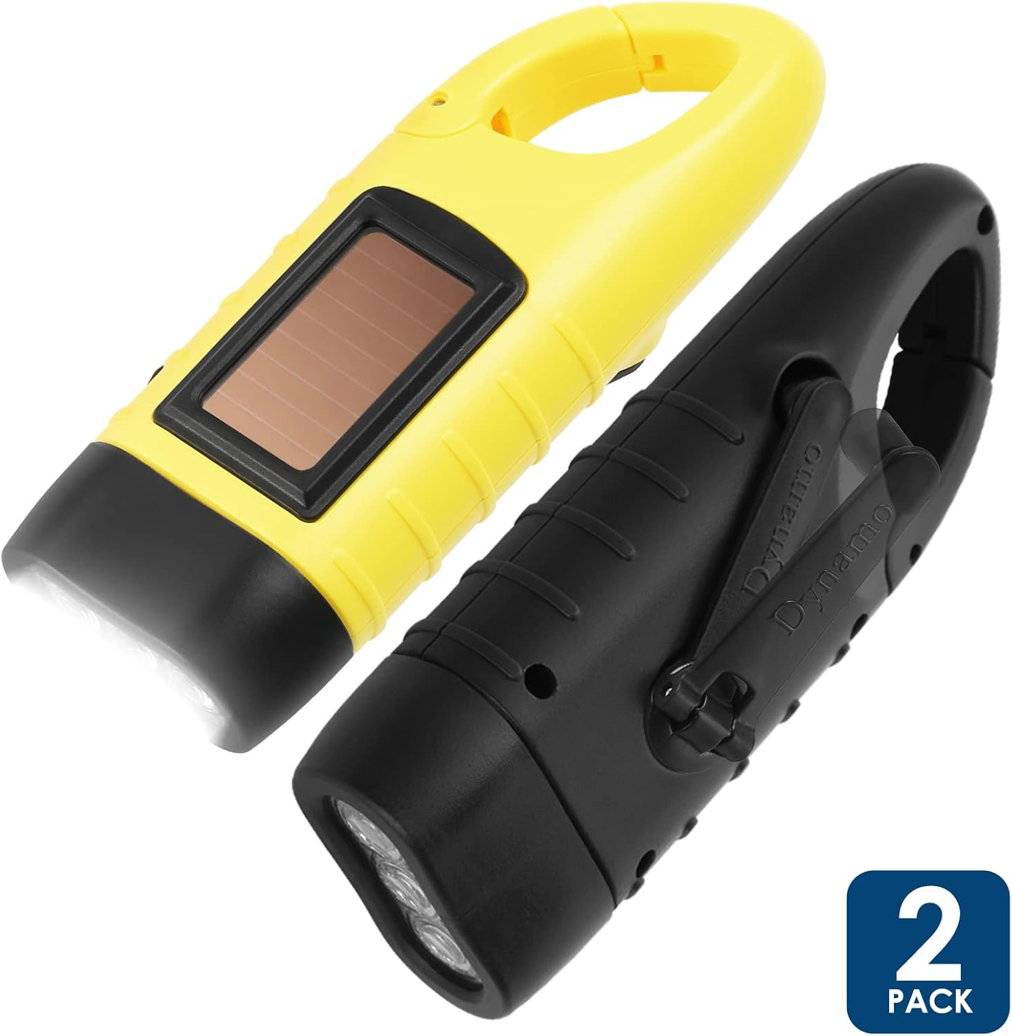 Zwei Kurbeltaschenlampen, eine gelbe mit Solarpanel, eine schwarze mit Dynamo.