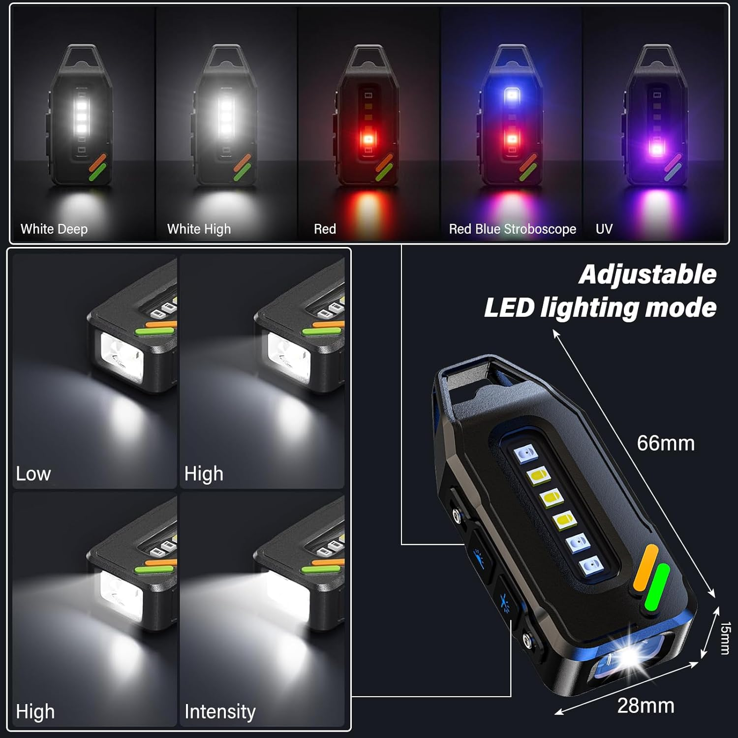 Ein tragbares LED-Licht mit verschiedenen Modi: Weiß, Rot, Stroboskop, UV.