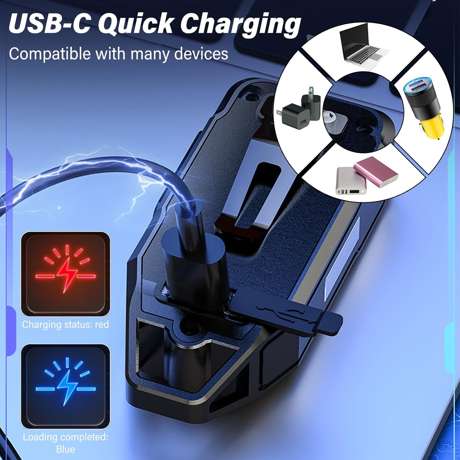 USB-C Ladegerät mit Kabel, Statusleuchten (rot/blau) und kompatiblen Geräten.
