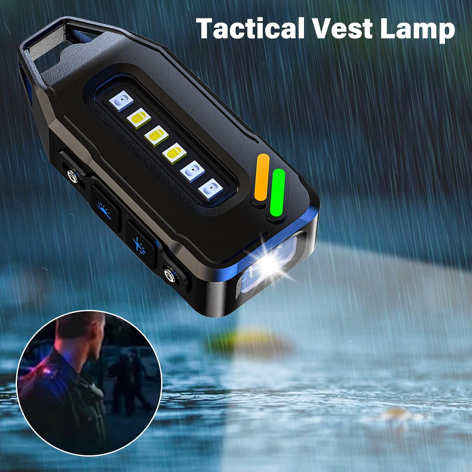 Schwarze taktische Weste Lampe mit LEDs und Lichtstrahl, im Regen.