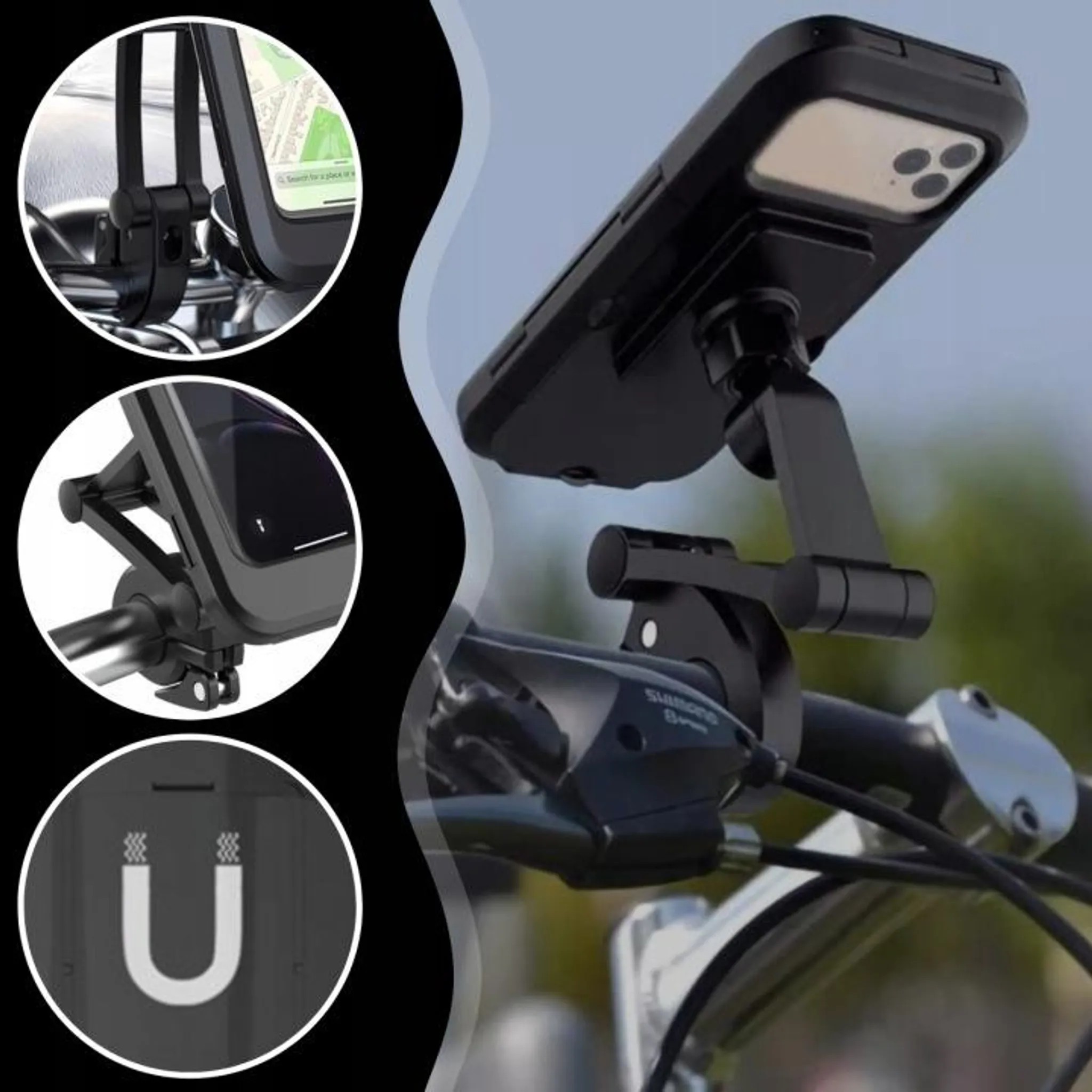 Ein schwarzer Handyhalter für Fahrräder mit Zoom-Ansichten.