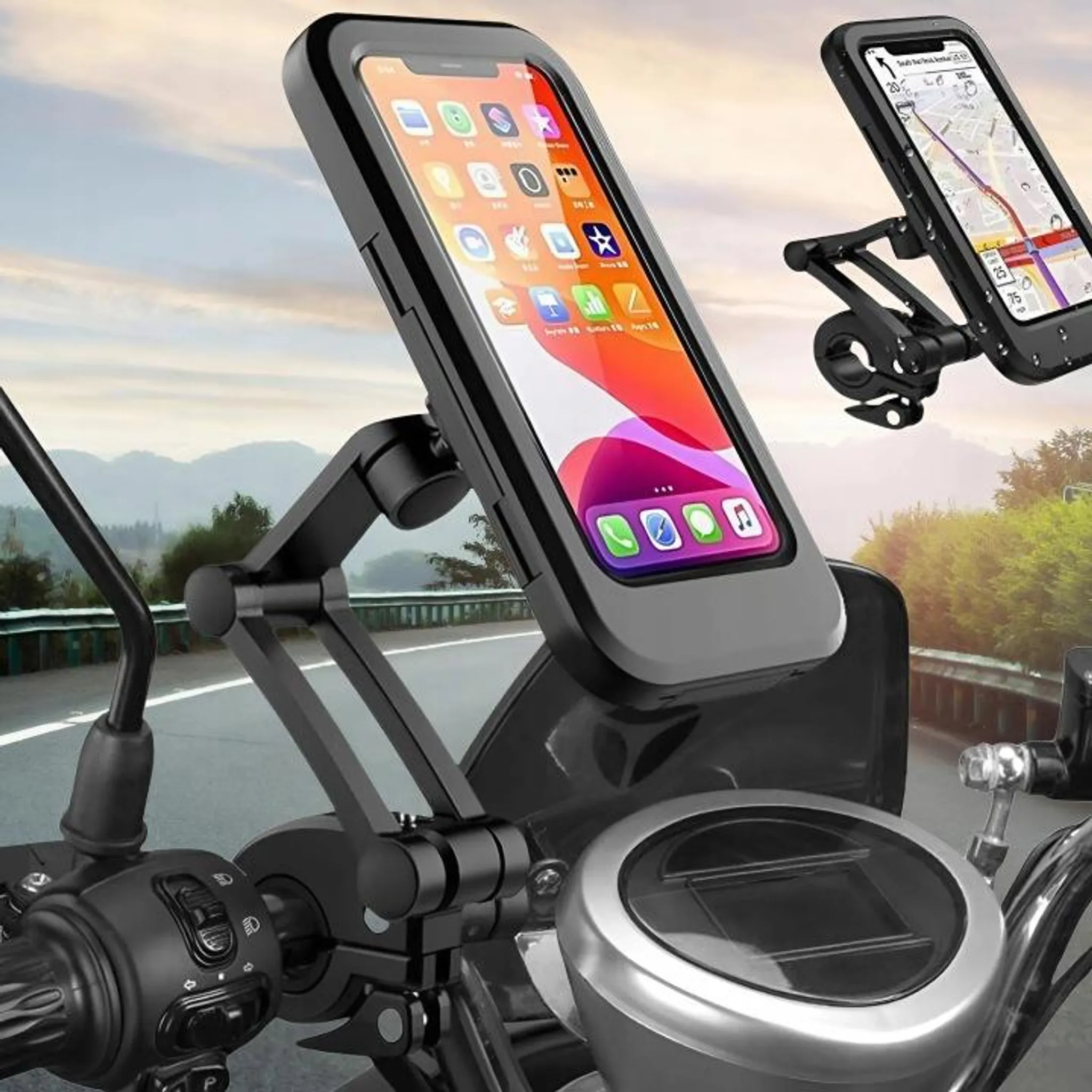 Motorradhalterung für ein Smartphone mit Navigations-App auf dem Display.