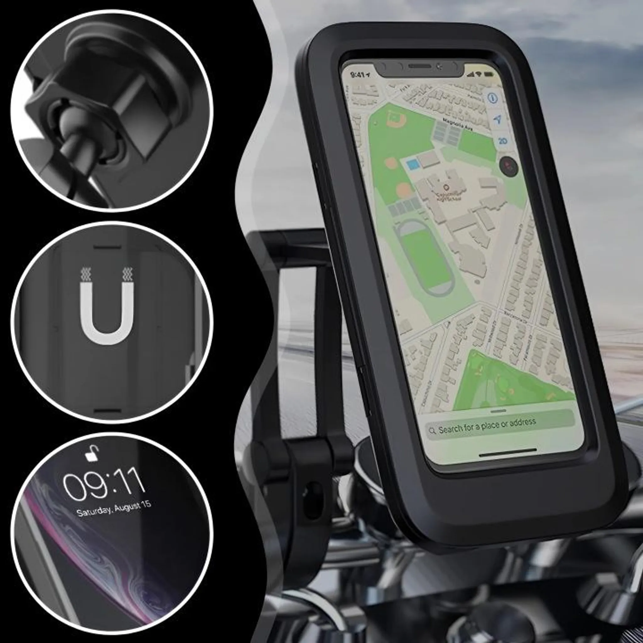 Motorrad-Handyhalterung mit Navigations-App und Ladeanschluss.