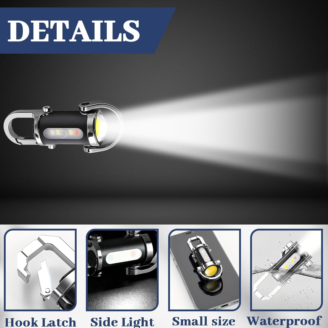 Kompakte schwarze Taschenlampe mit Haken, Seitenlicht, klein und wasserdicht.