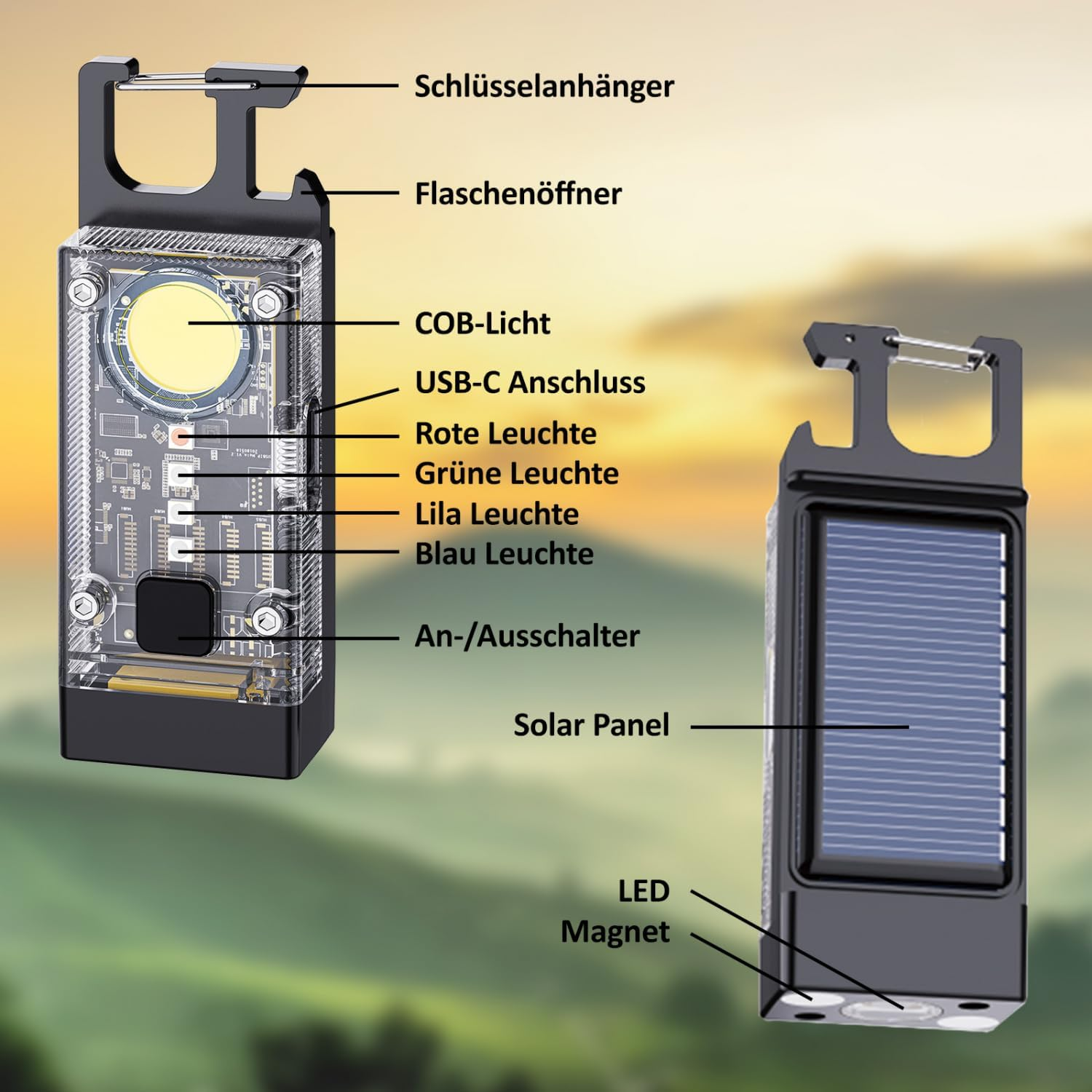 Schlüsselanhänger mit Flaschenöffner, COB-Licht, USB-C, Farben, Solarpanel und Magnet.