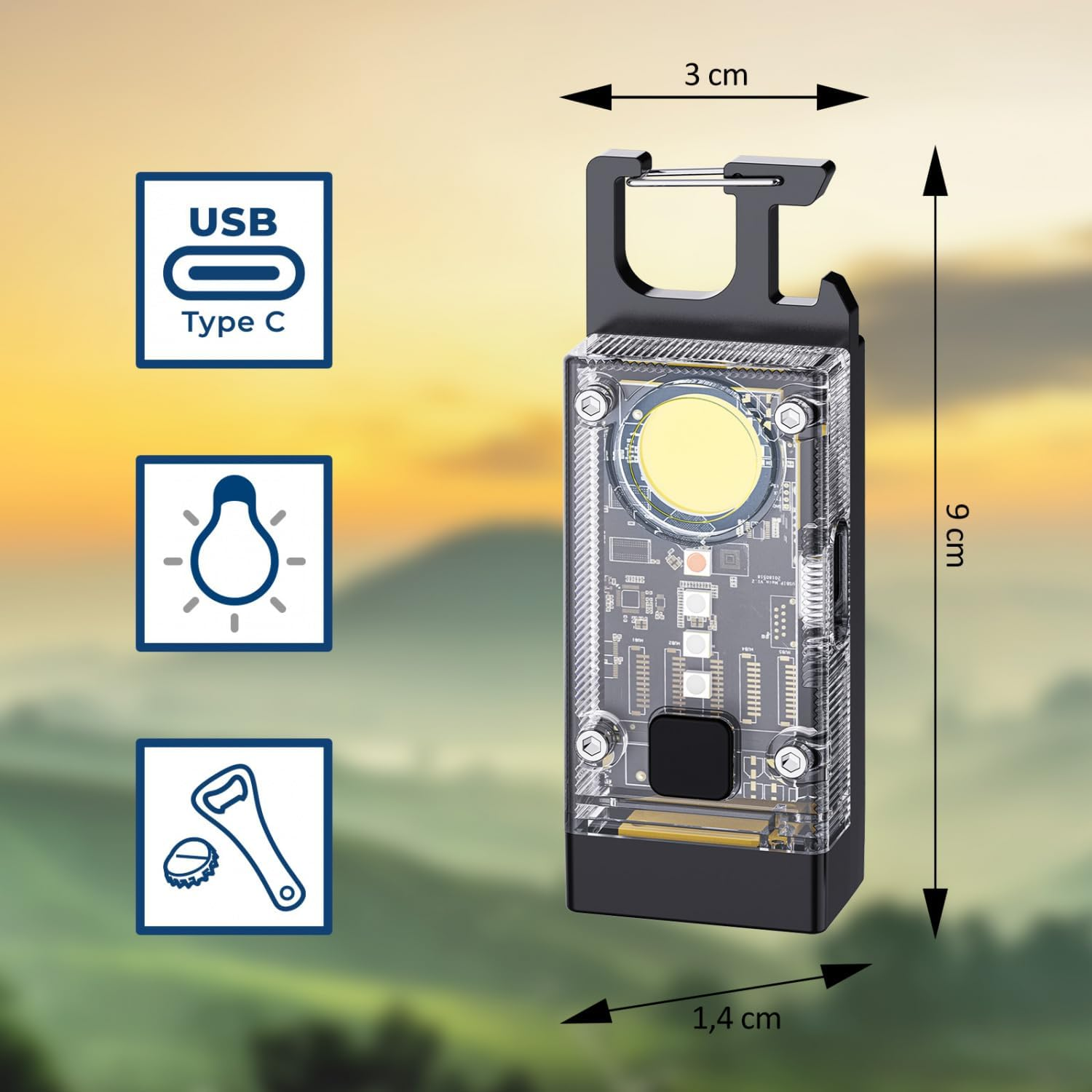 Kompakte Taschenlampe mit USB-C, Glühbirne und Flaschenöffner-Symbolen. Maße: 9x3x1,4 cm.